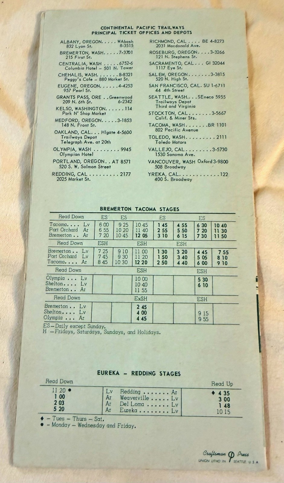 1955 Trailways Continental Bus System Schedule OR WA CA vintage ephemeral