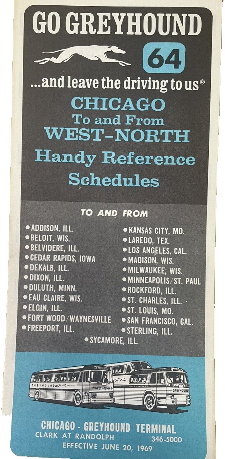 1969 Go Greyhound BUS Schedule Time Tables 2 & 64 Chicago Winnipeg Lot of 2
