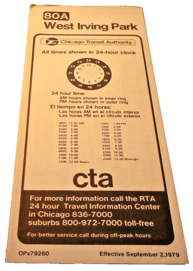 SEPTEMBER 1979 CHICAGO CTA ROUTE 80A WEST IRVING PARK SERVICE BUS SCHEDULE