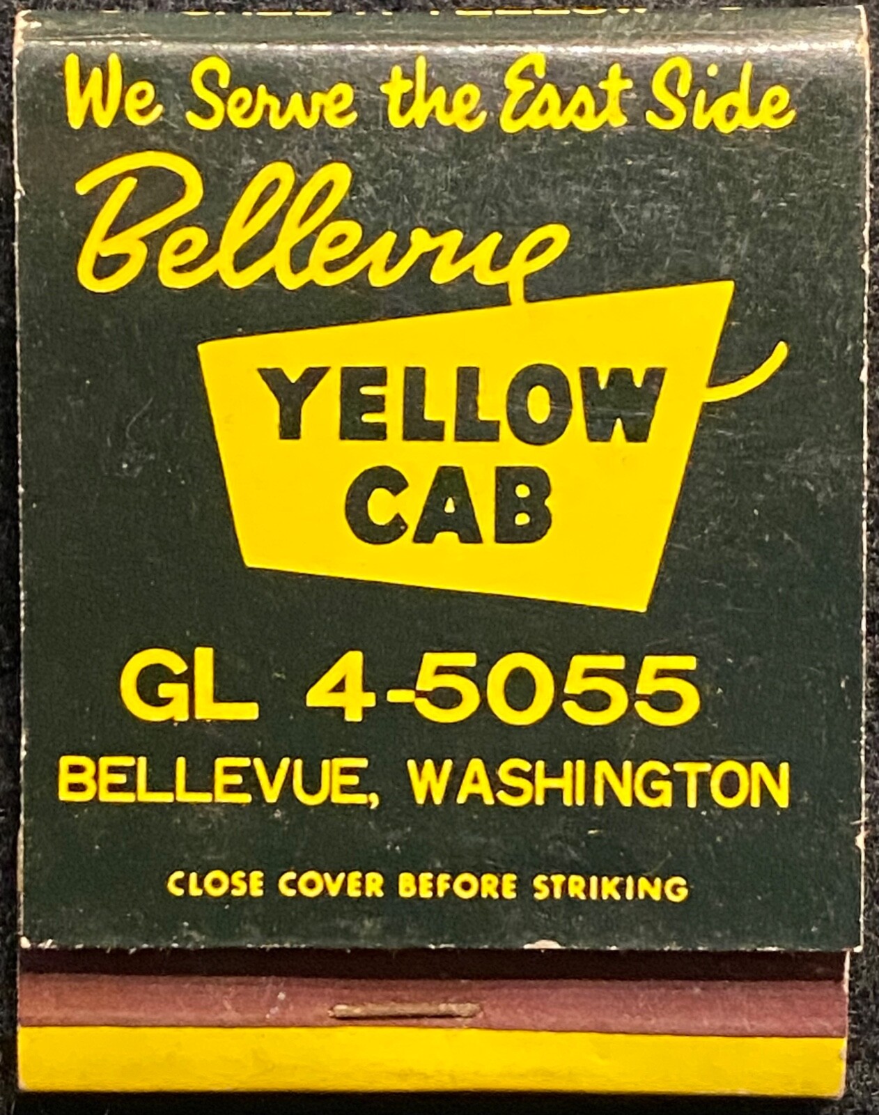 1950-1960s circa. **YELLOW CAB** BELLEVUE, WASHINGTON MATCHBOOK+MATCHES! RARE!