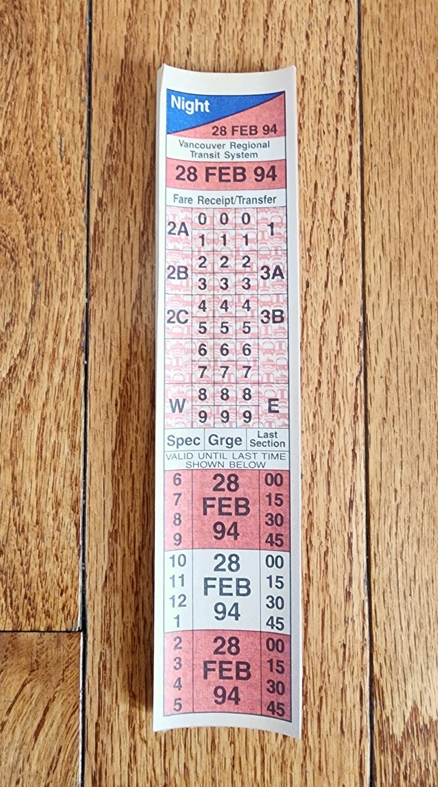 1994 BC TRANSIT VANCOUVER REGIONAL TRANSIT SYSTEM FARE TRANSFER TICKET BK CANADA