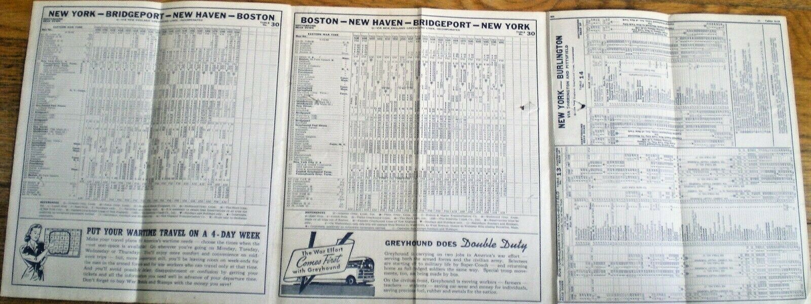 1944 GREYHOUND LINES TIME TABLES ~ NEW ENGLAND ~ BOSTON TO N.Y. ~ WORLD WAR TWO