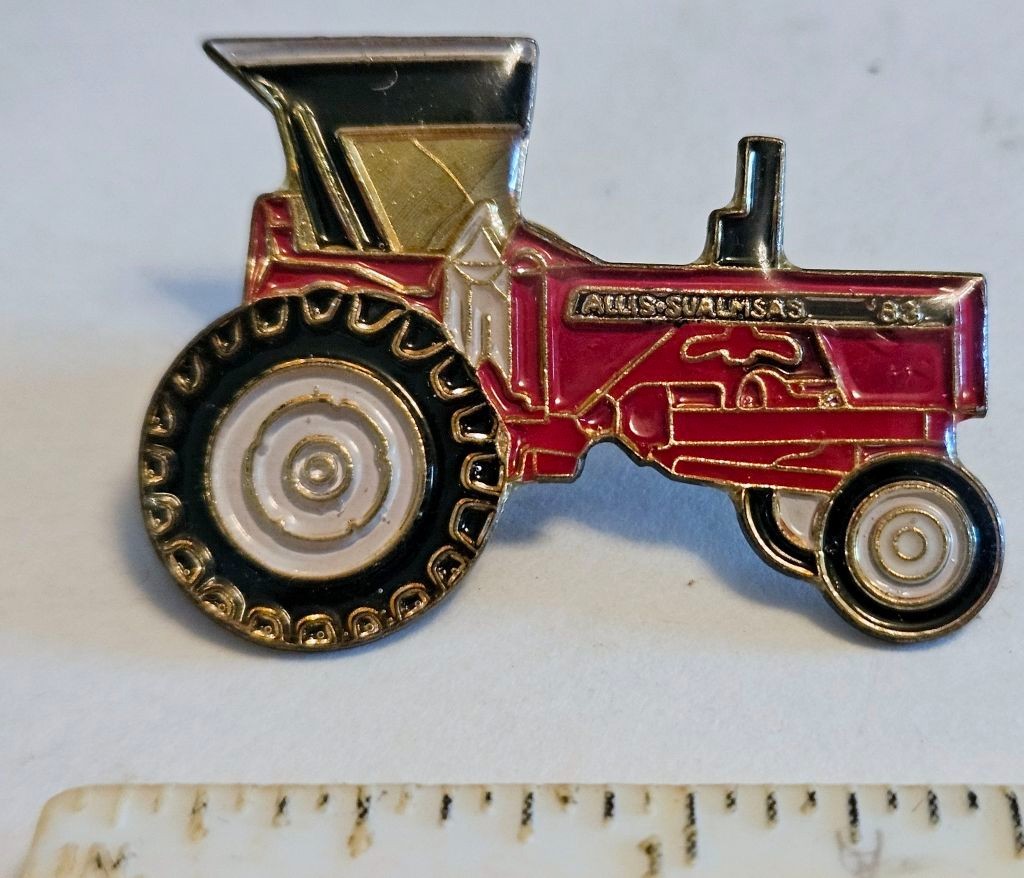 Vintage Allis Saulmsas Red Tractor ~Enamel Lapel Hat Pin ~ 80’s ~ RARE