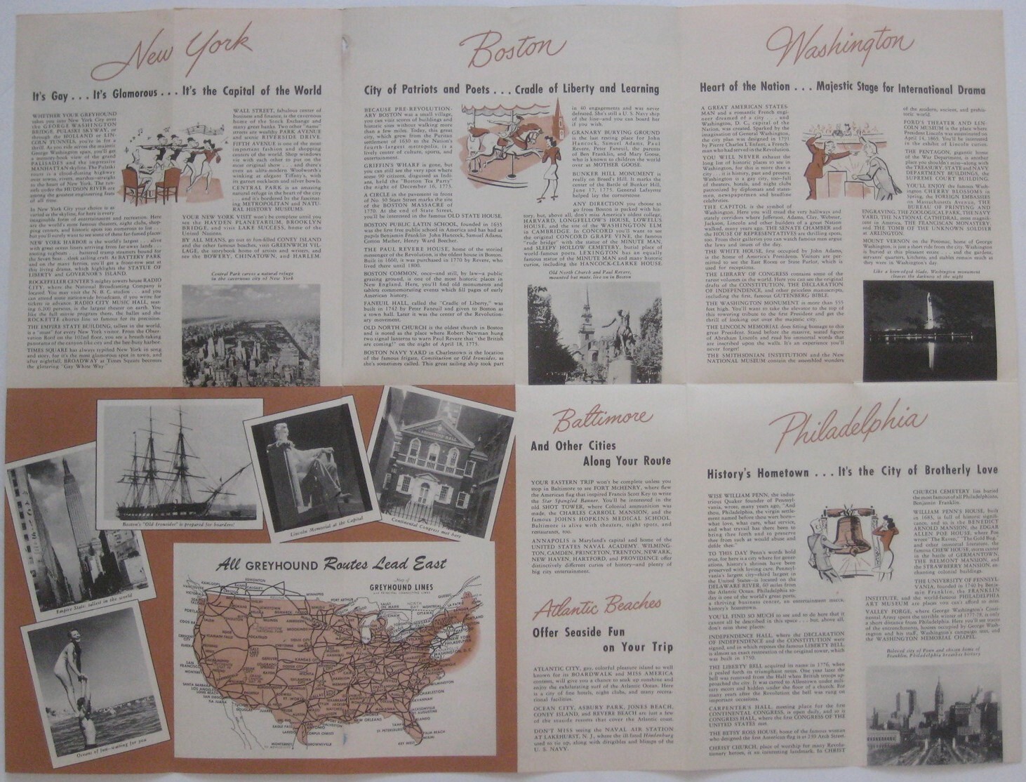 1946 GREYHOUND BUS Tour Map Brochure “To and Through Great Cities of the East”