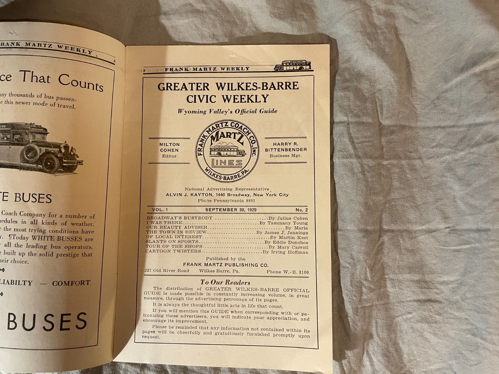 Frank Martz Coach Bus Weekly Timetable 1929 NYC New York City Wilkes Barre PA NY
