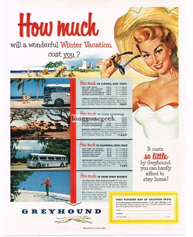 1954 GREYHOUND Winter Vacation By Bus art Vintage Ad has prices to and from