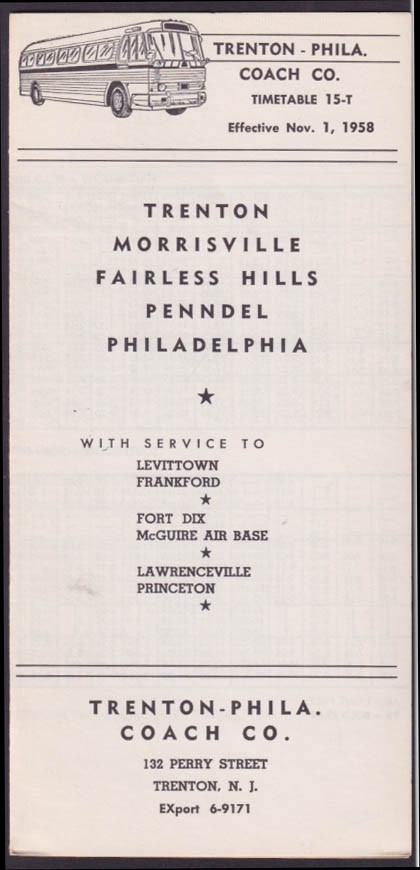 Trenton-Philadelphia Coach Company Bus Schedule 11/1 1958 Fairless Hille Penndel