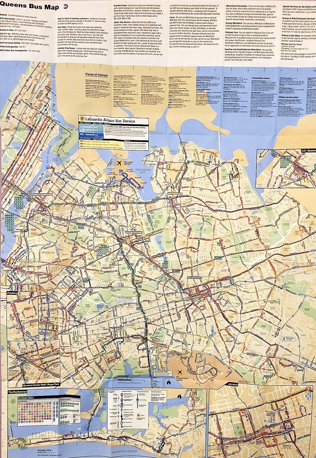 New York City MTA Transit NY QUEENS Bus Route Map Latest Version Full Brand New