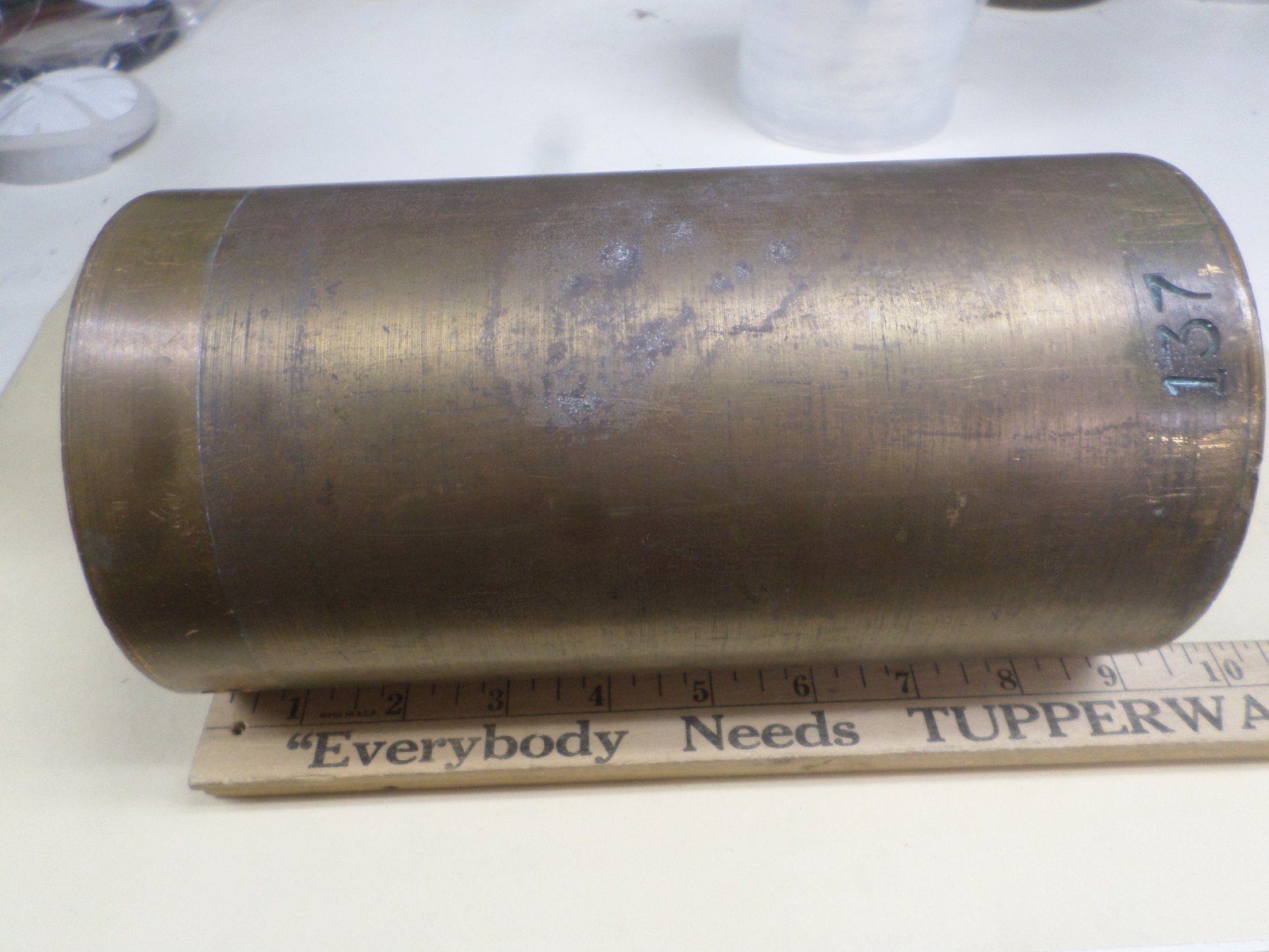Vintage Diamond Mfg Brass Fare Box Money Vault Cylindrical 9″ X 4-3/4″ #97 DART