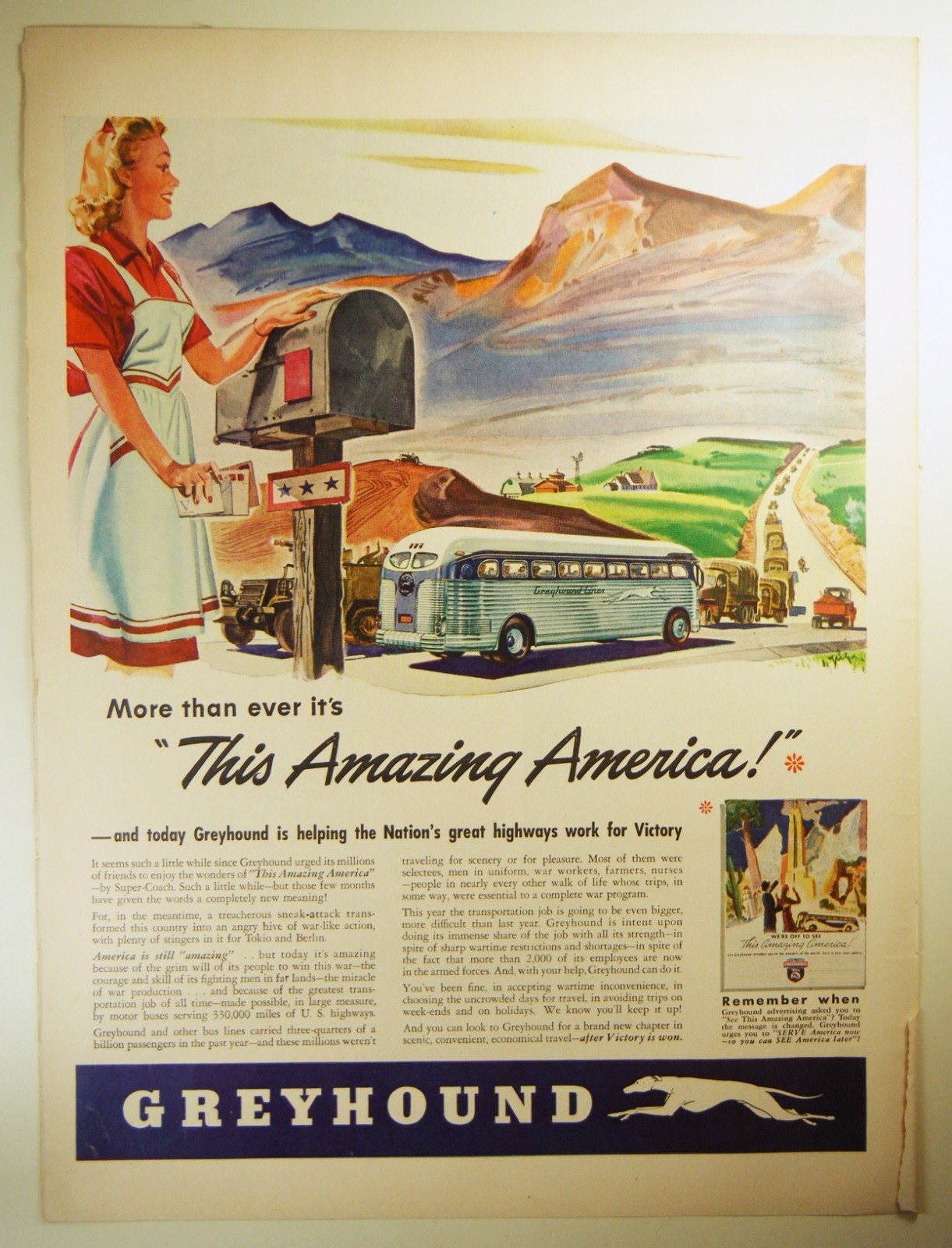 Vintage 1943 GREYHOUND BUS LINES Large Full Page Magazine Print Ad: WWII