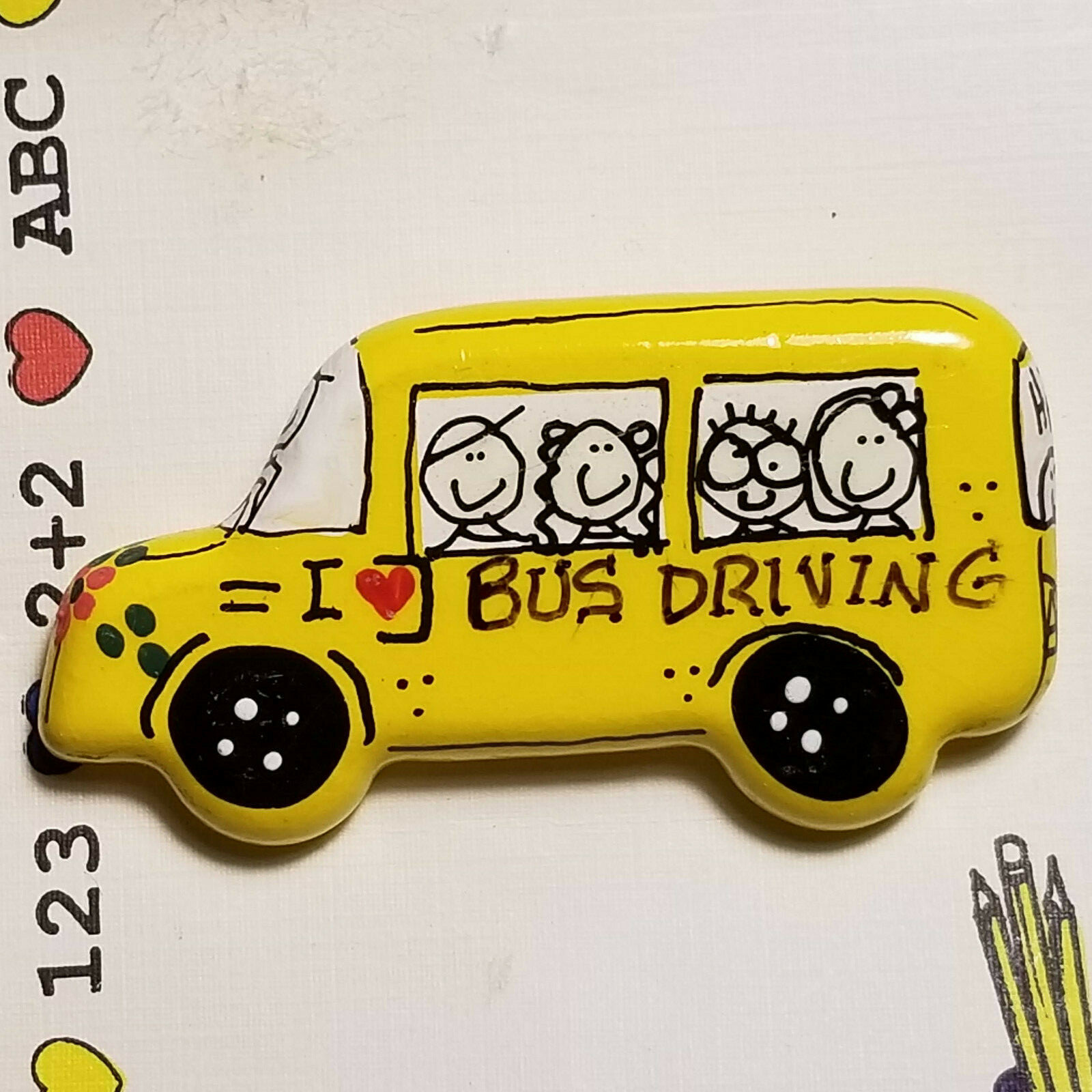 Pinback Pin I Love Bus Driving, Bright Yellow Bus w Kid’s Faces, 2.5 ” L, NEW