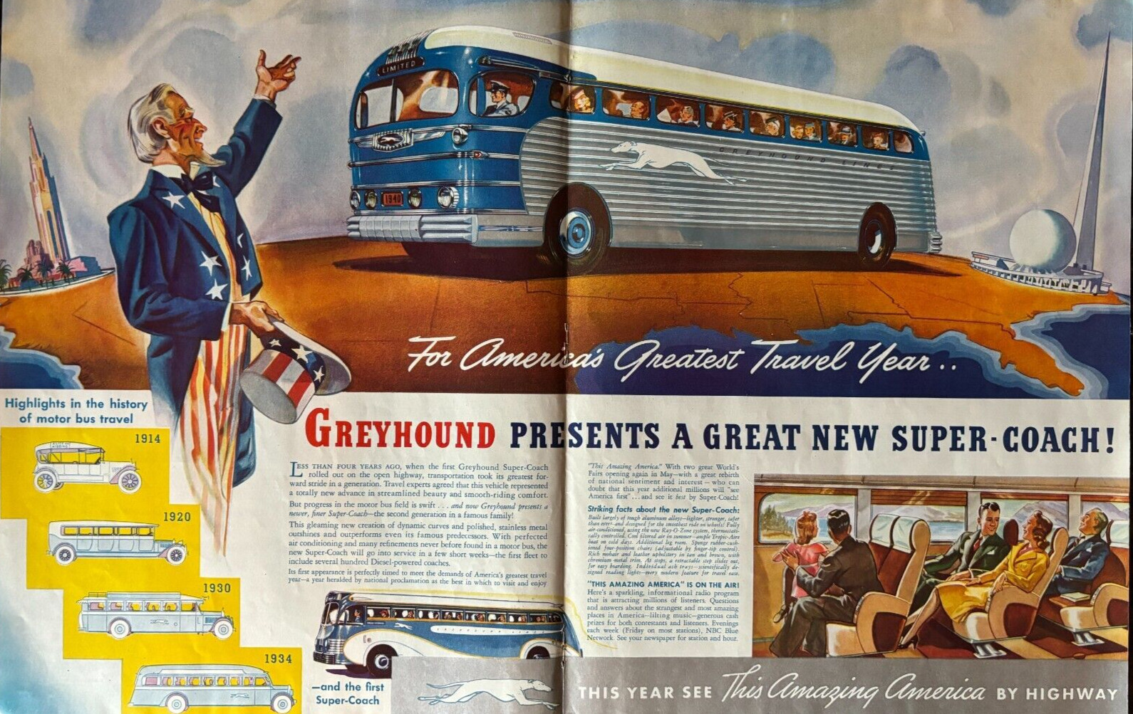 Greyhound super Coach Bus Lines Transportation Uncle Sam Vintage Print Ad 1940