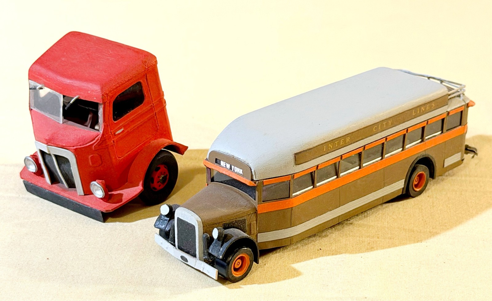 Handmade Vintage Slot Car Models: White COE Truck & 1930s Mack Intercity Bus