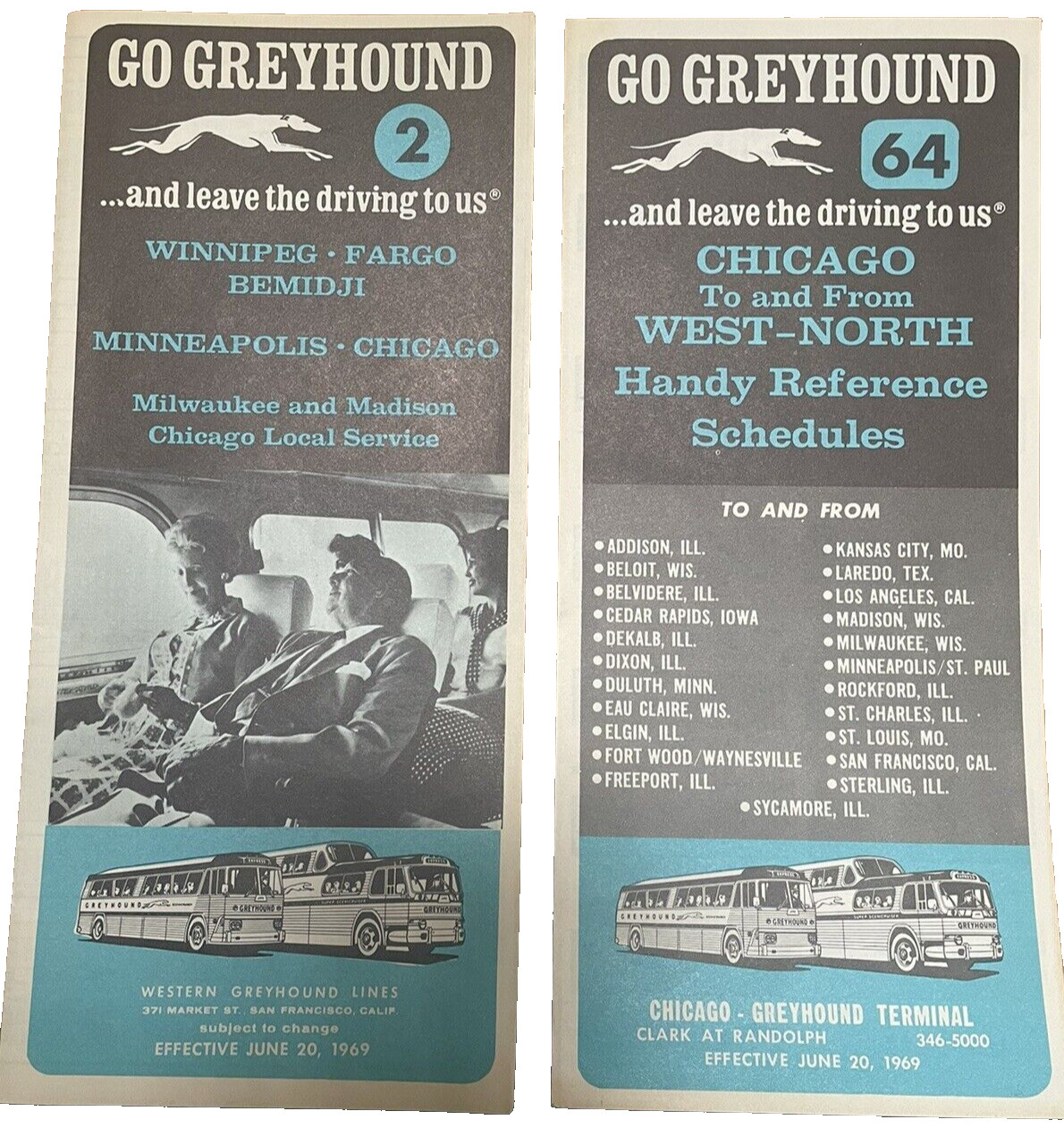 1969 Go Greyhound BUS Schedule Time Tables 2 & 64 Chicago Winnipeg Lot of 2