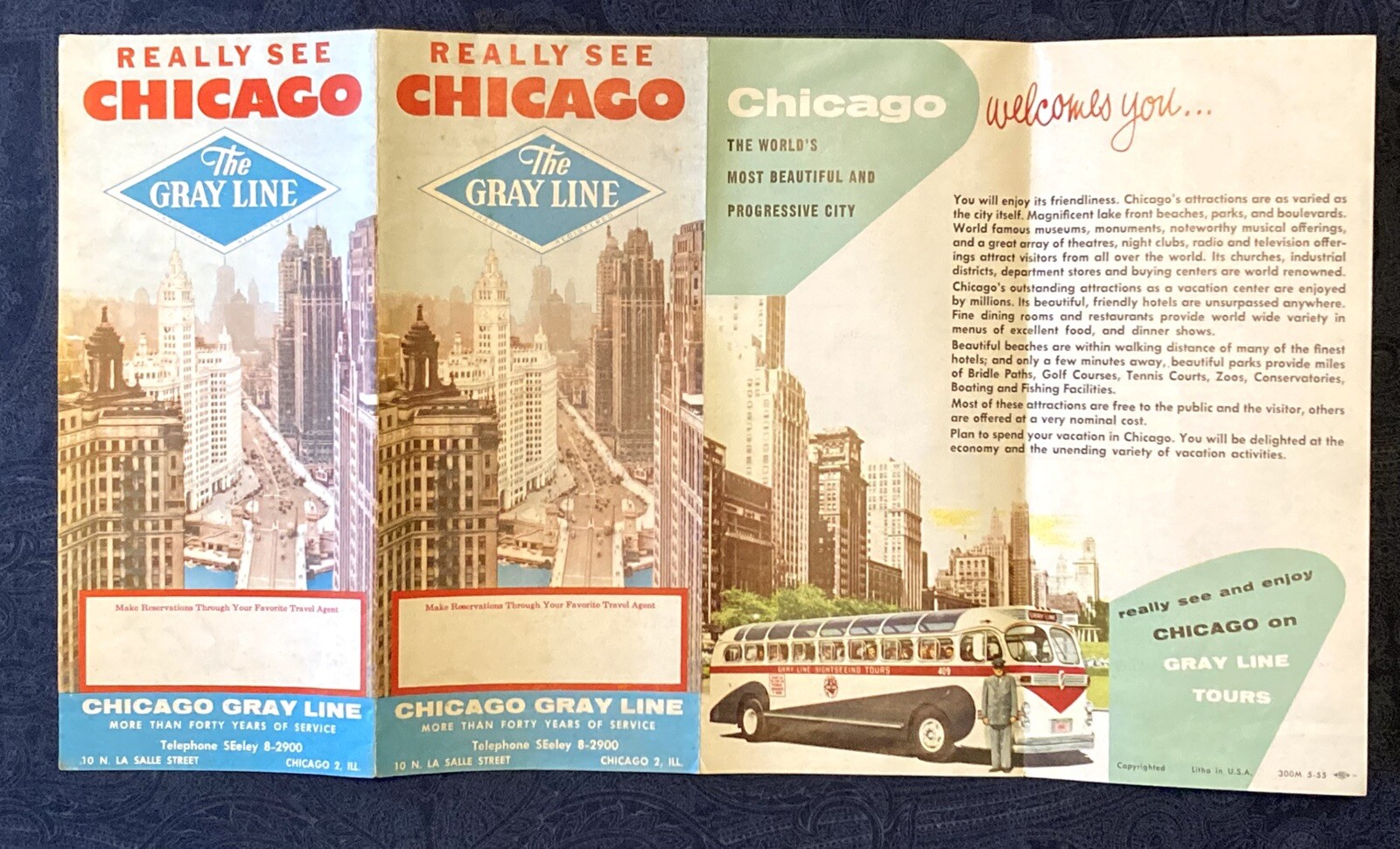 1950s Gray Line Really See Chicago Tour Brochure Guide Chicago Map Insert