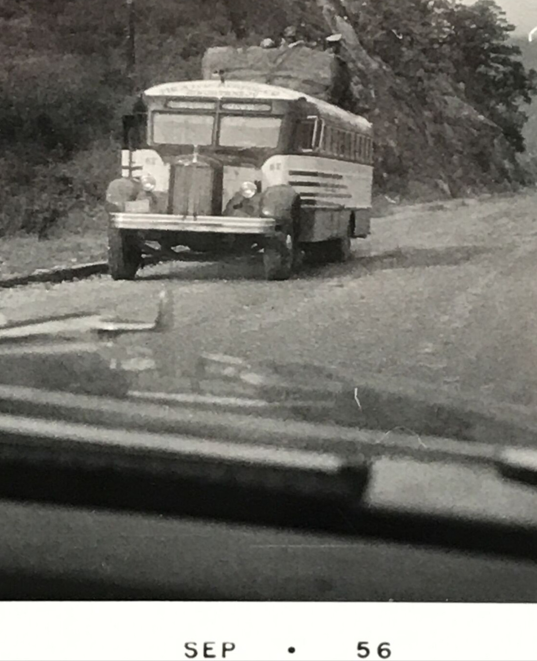Vintage 1956 Travel Bus Men Sitting on Roof in Mexico Photograph