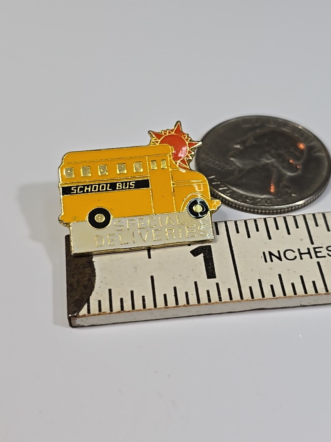 School Bus Special Deliveries Lapel Pin Yellow Vehicle Rising Sun 1989