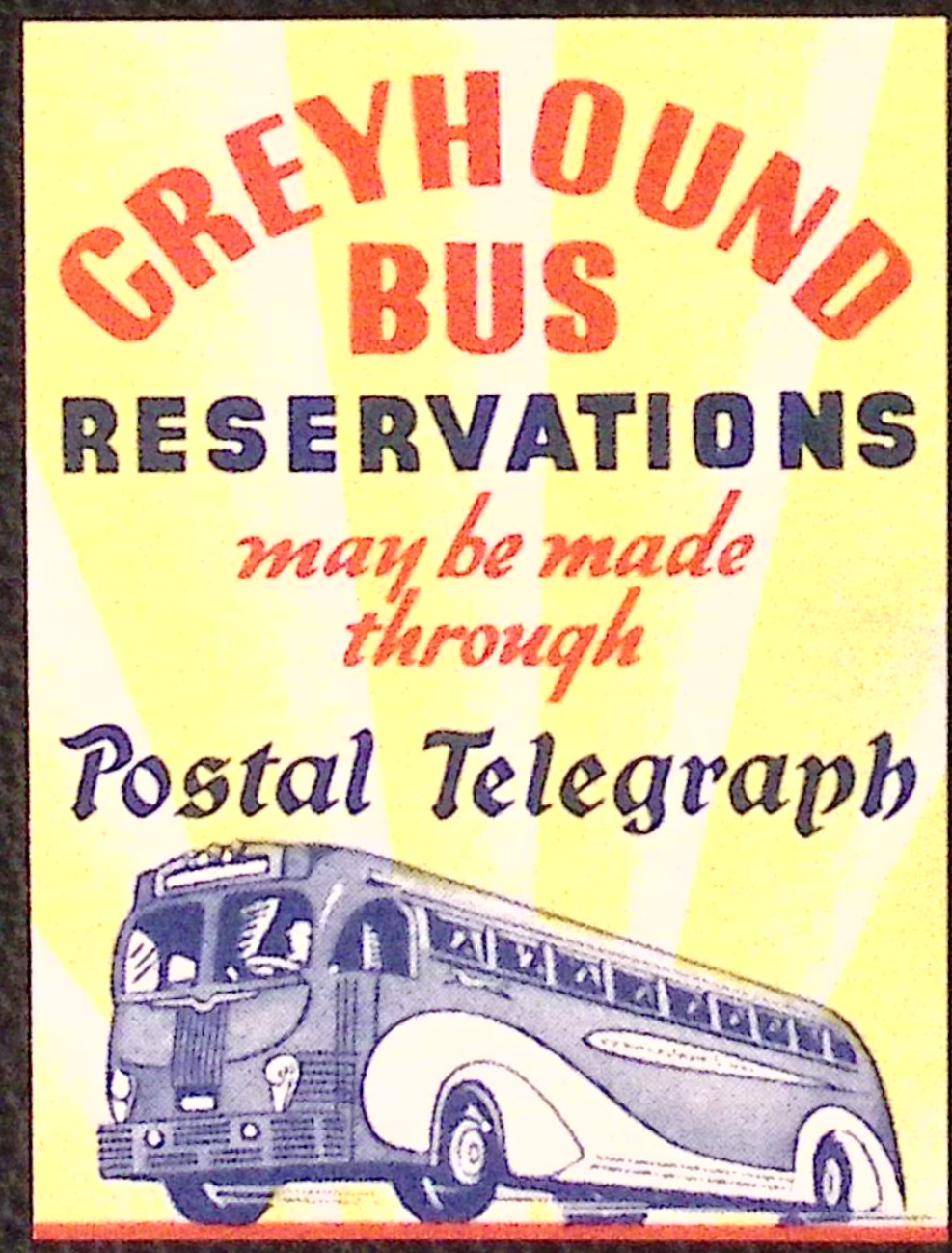 1940s Greyhound Bus Reservations by Postal Telegraph Poster Stamp 1.5×2″