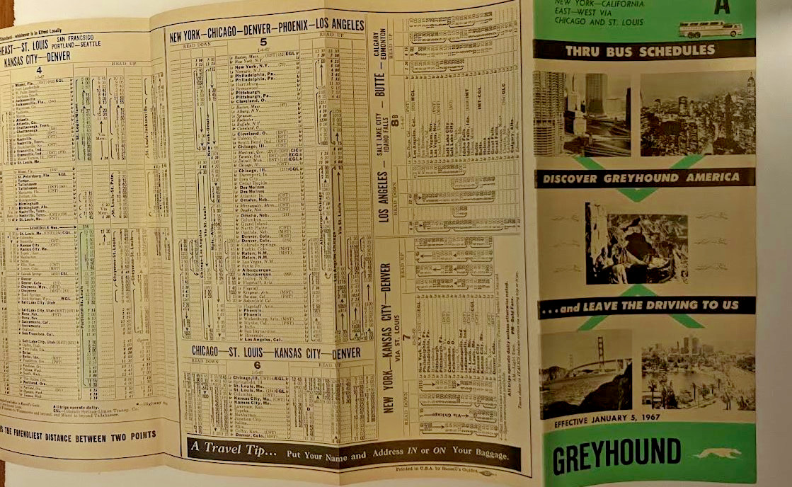 1967 GREYHOUND BUS TIMETABLE SCHEDULE “A” NY LA CA CHICAGO