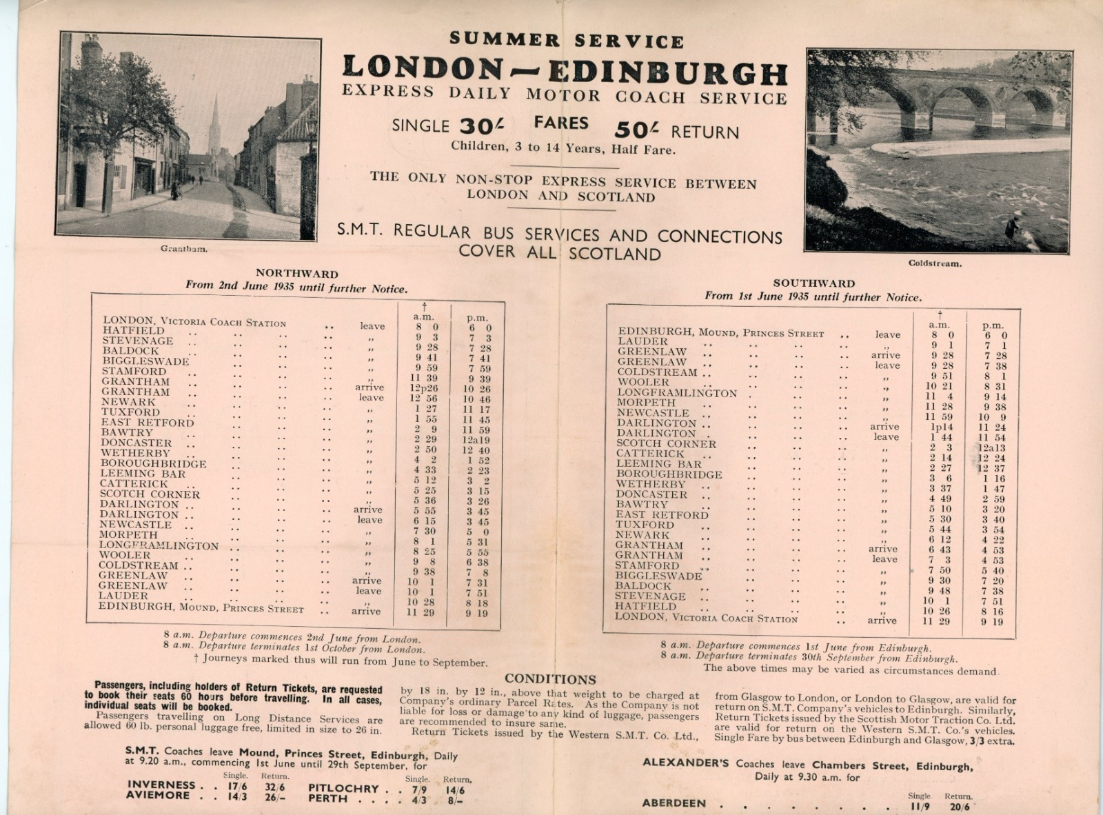 1935 SMT Bus Schedule London to Scotland Coaches #KM