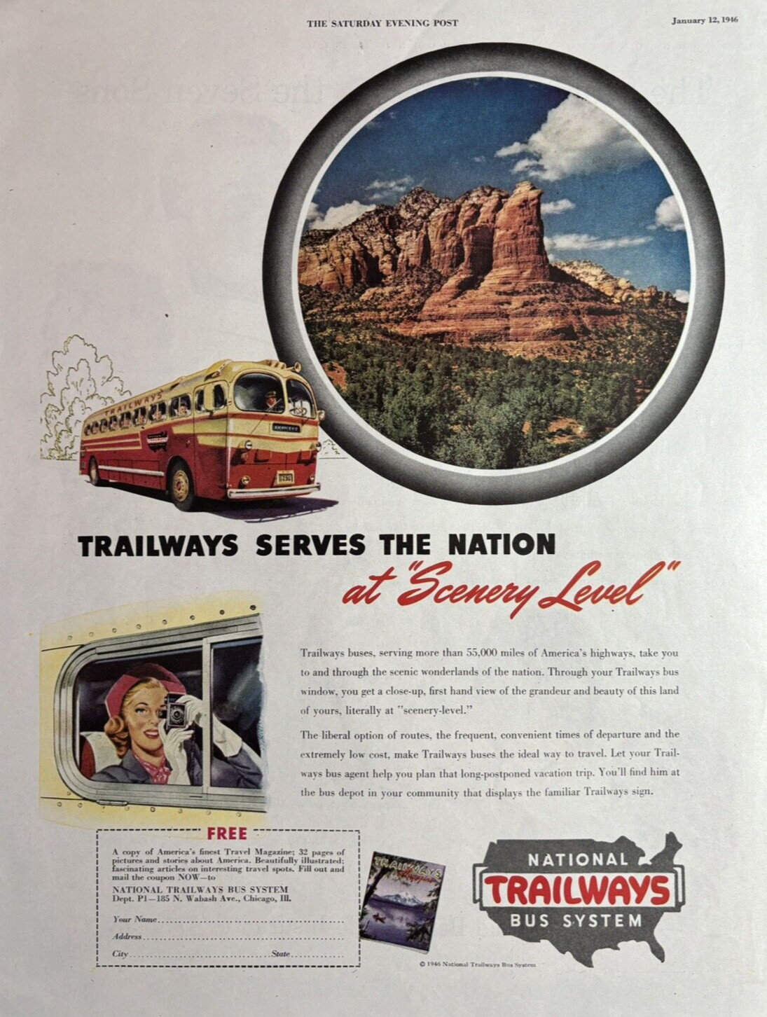 1946 Trailways National Bus System Travel Scenery Level Nation VTG Print Ad