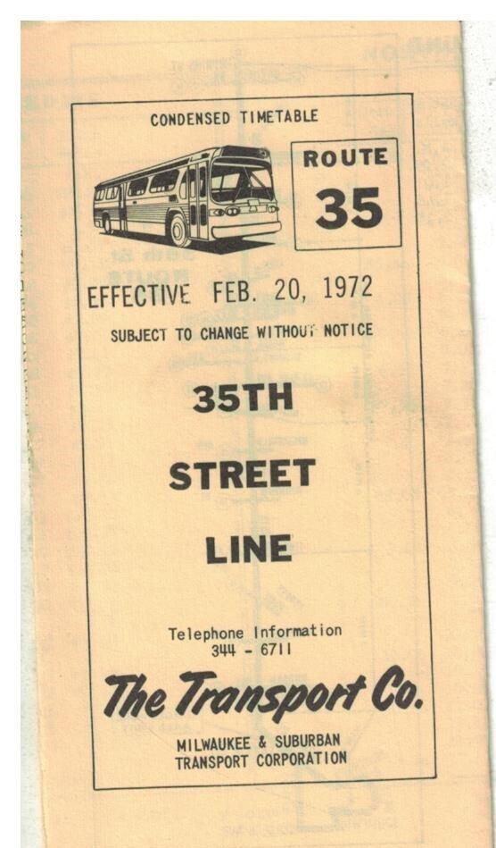 1972 Milwaukee WI Bus Schedule and Route Map Rte 35