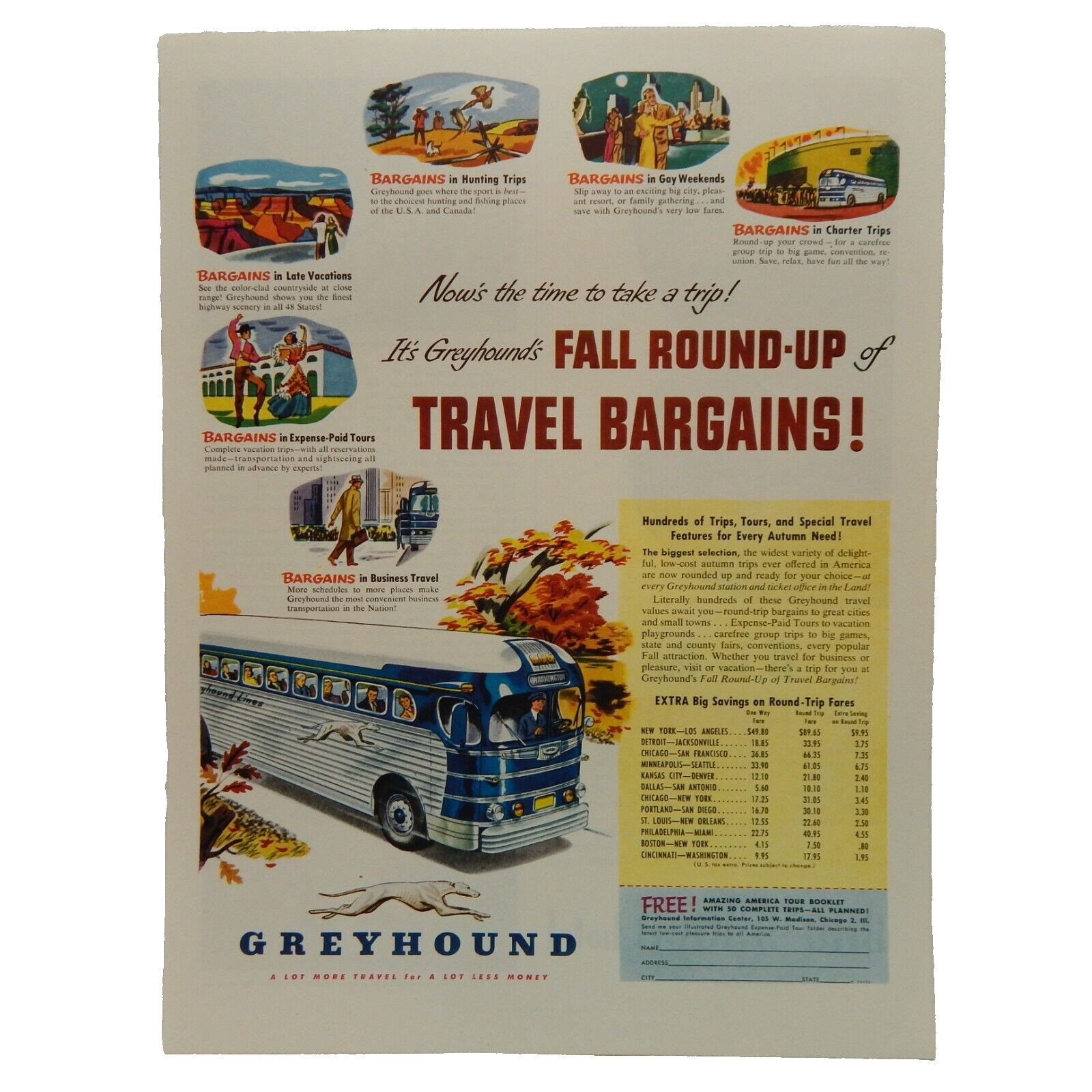 1950 GREYHOUND BUS FALL ROUND-UP OF TRAVEL BARGAINS ADVERTISEMENT