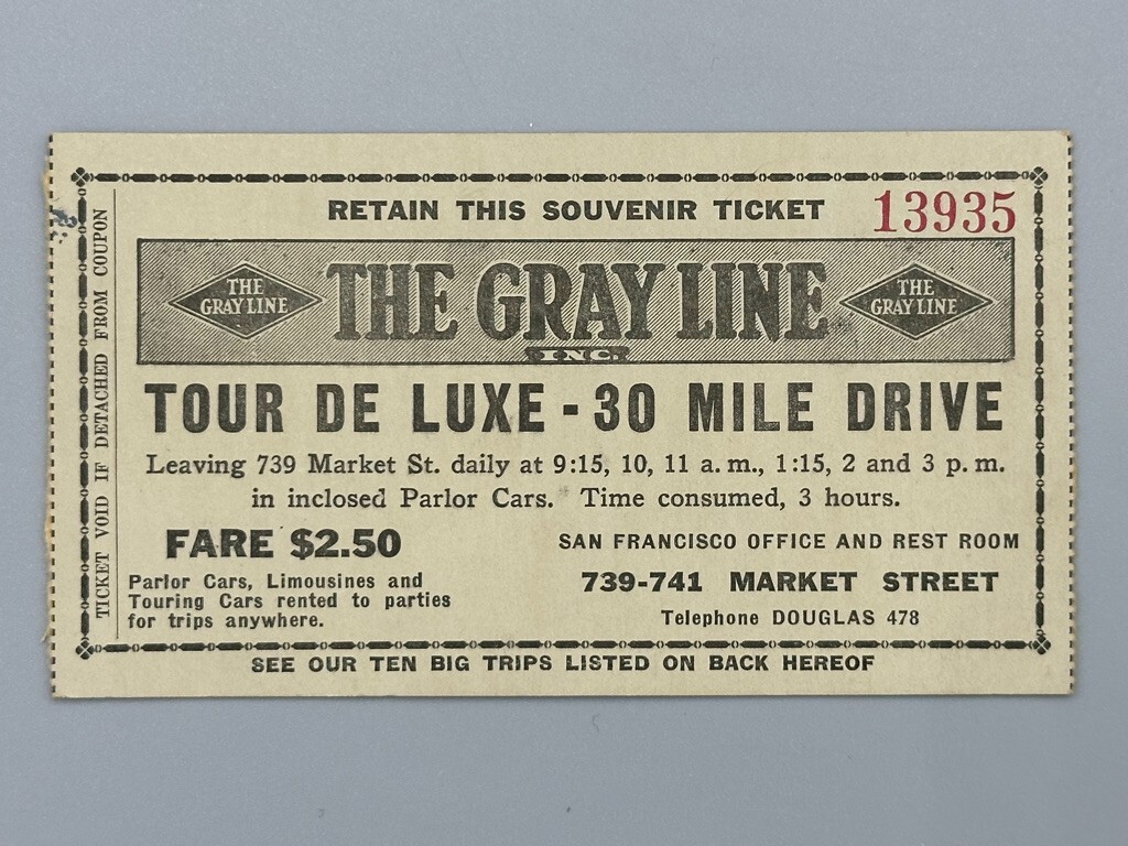1920s GRAY LINE BUS Motor Tour De Luxe TICKET Cliff House Muir Woods CALIFORNIA