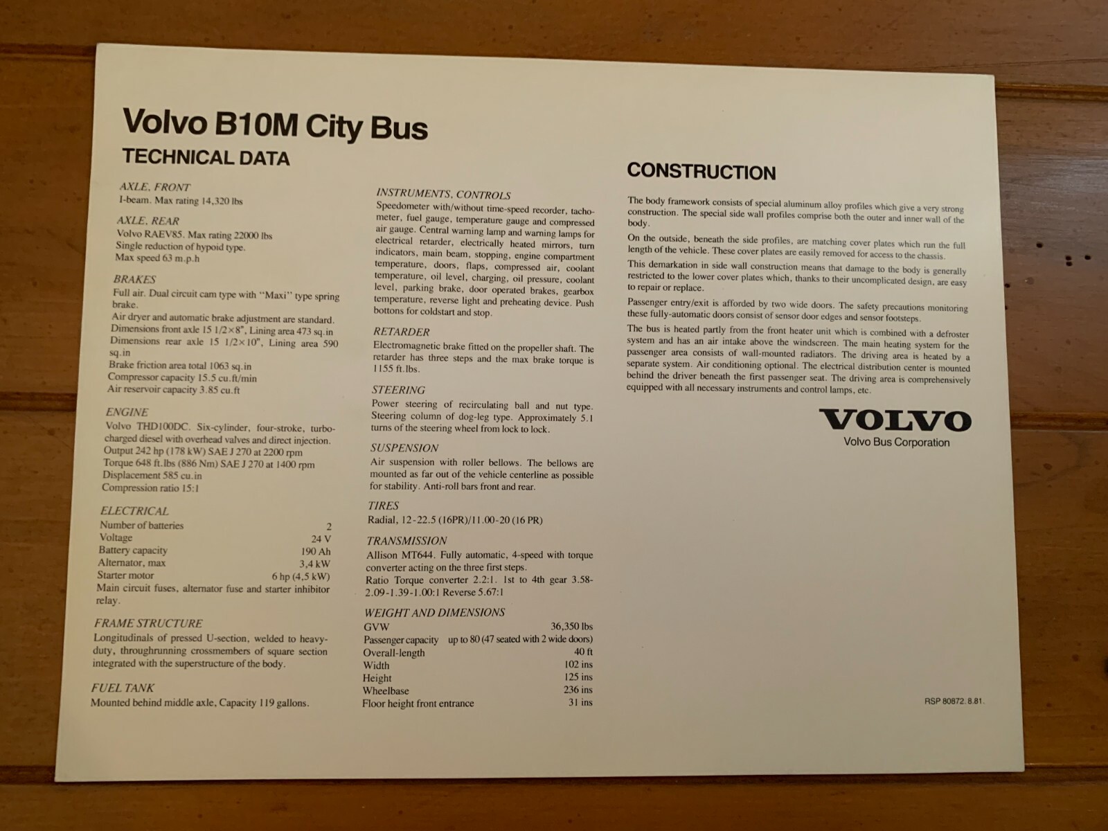8X10 NYC NY CITY BUS VOLVO B10M COLOR PHOTOGRAPH TECHNICAL DATA COLLECTIBLE
