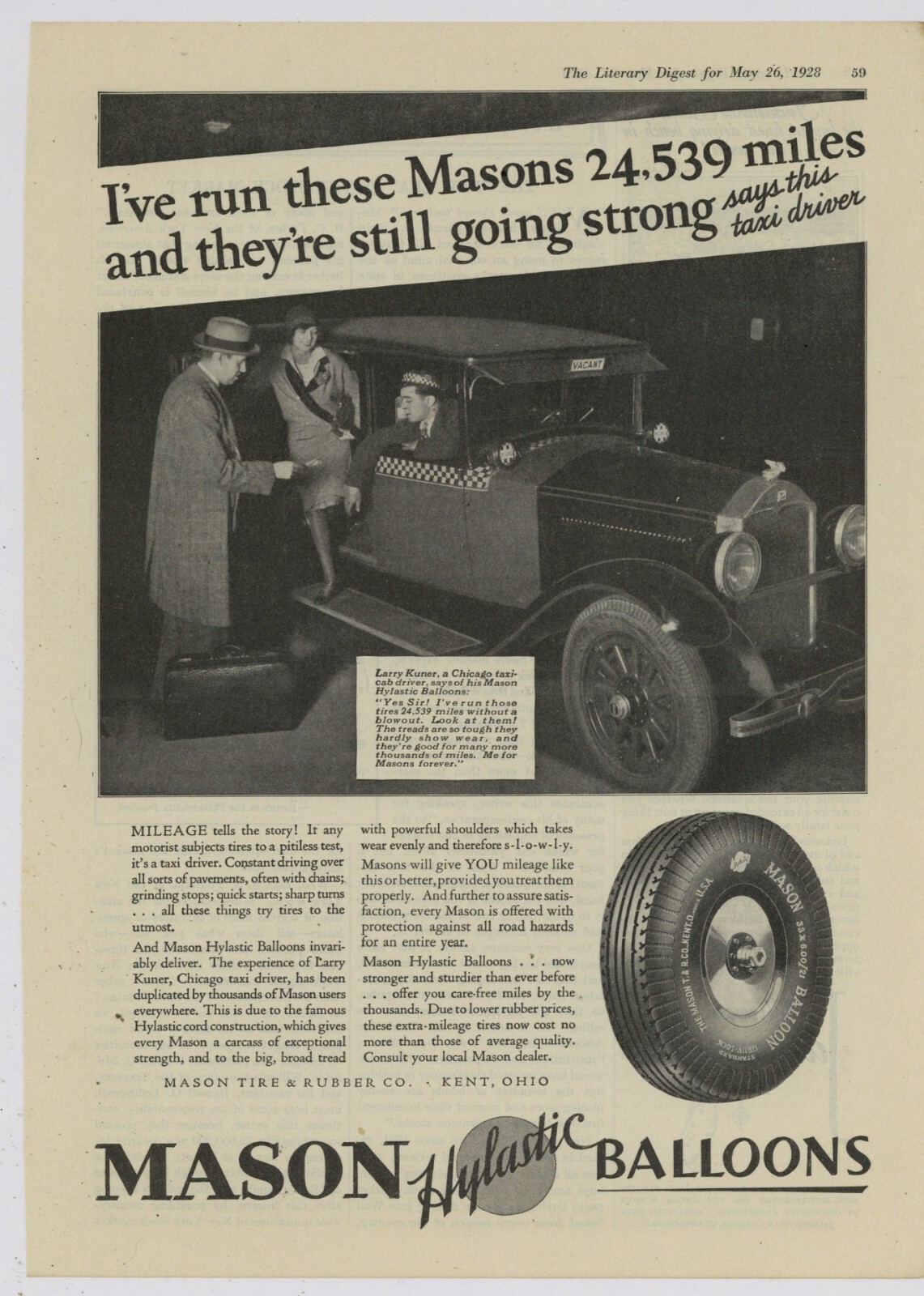 1928 Mason Tire & Rubber Co. Ad: – Chicago Buick Taxi Cab Pic