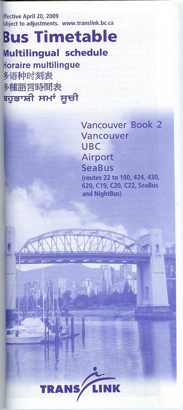 Bus Timetable – TransLink – Vancouver British Columbia – Set of 7 – 20/04/09