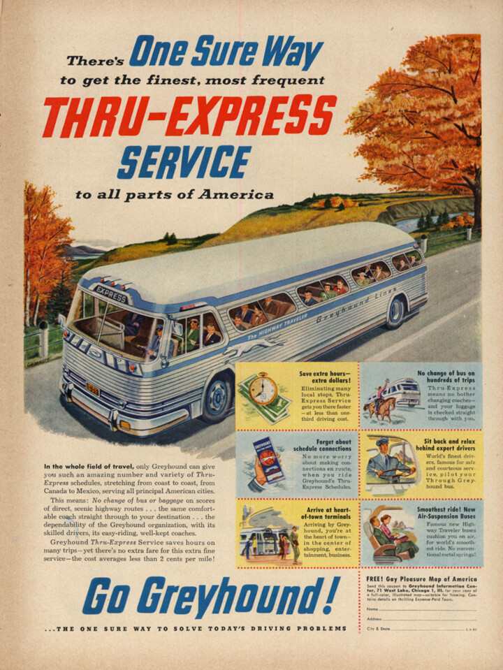 One Sure Way to get Thru-Express Service – Greyhound Bus ad 1953 L