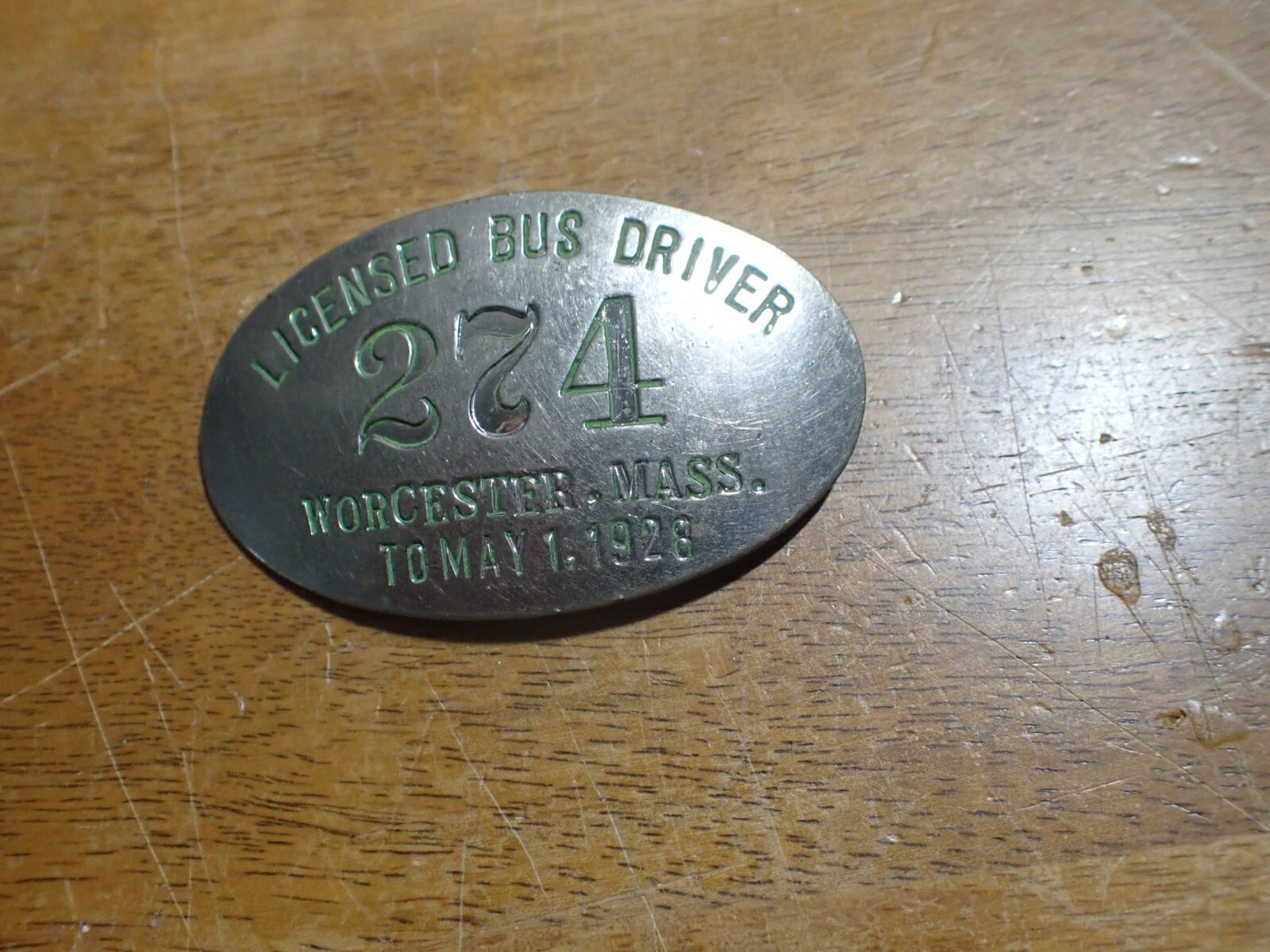 WORCESTER MASSACHUSETTS BUS DRIVER LICENSED BADGE 1928 BX B#5