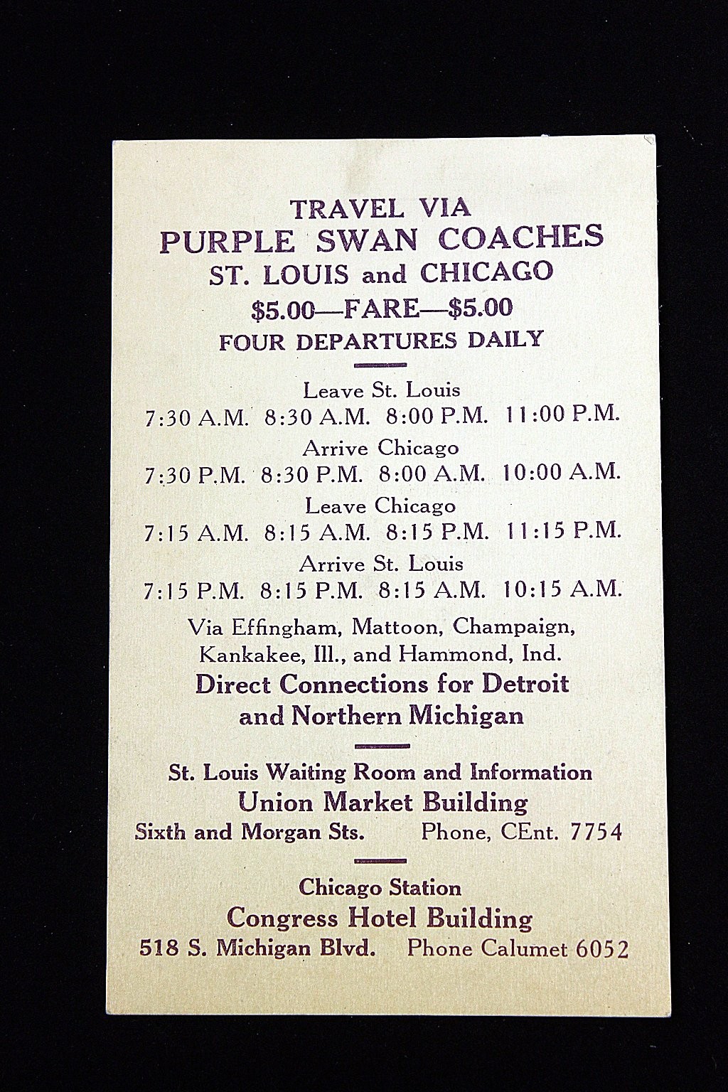 Purple Swan Coaches St. Louis to Chicago Bus Fare Departure Schedule 1927 RARE