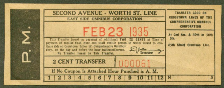 East Side Omnibus Corp NYC transfer 2nd Av 1935