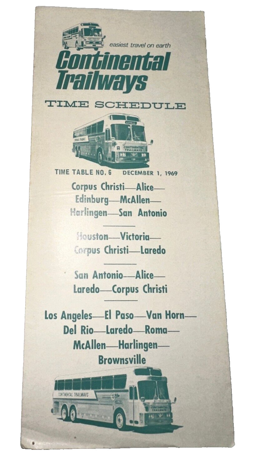 Vintage Continental Trailways Bus Time Schedule 12/1/1969 N0.6 Corpus Christi