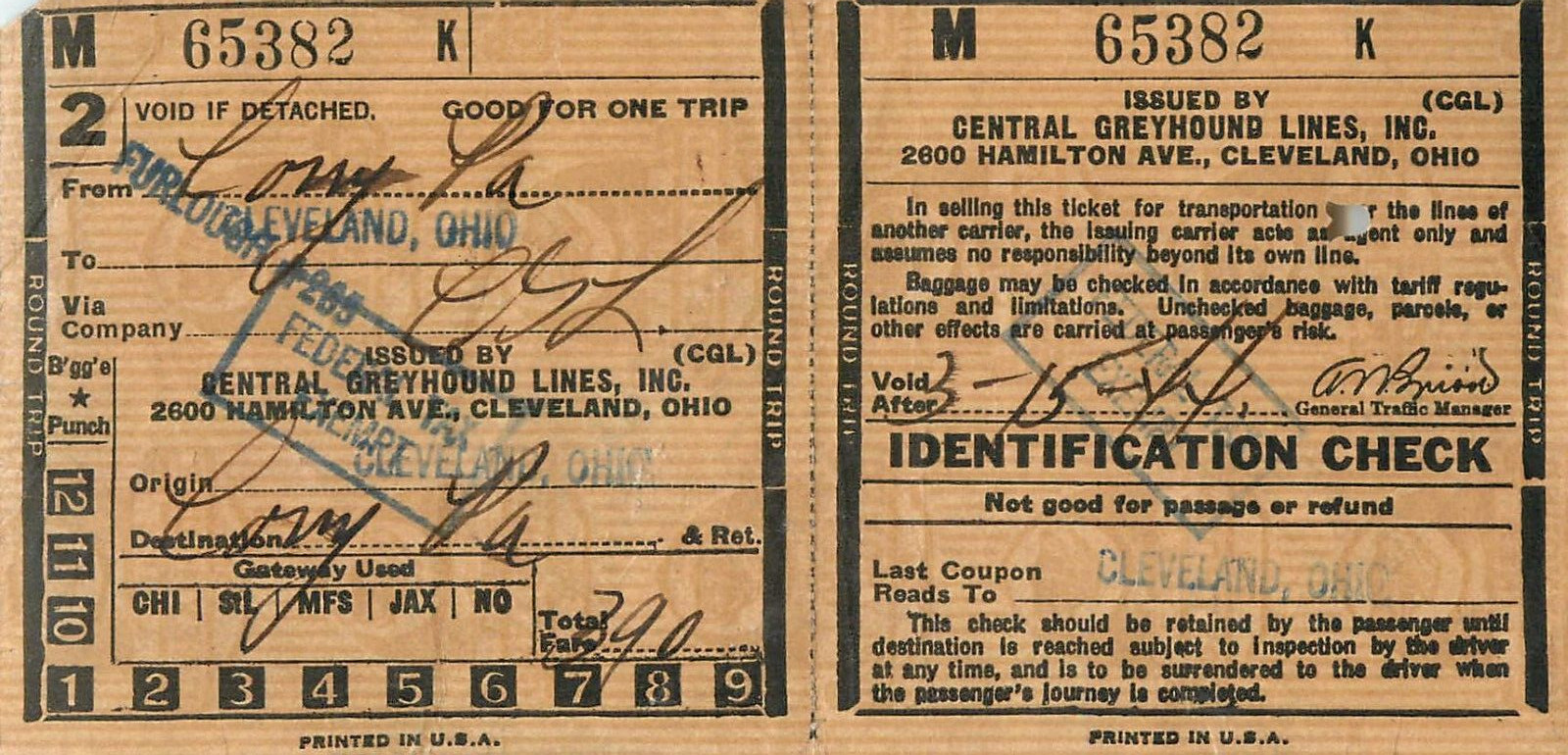 Central Greyhound Lines Identification Check Ticket 1943 Cleveland Ohio WWII