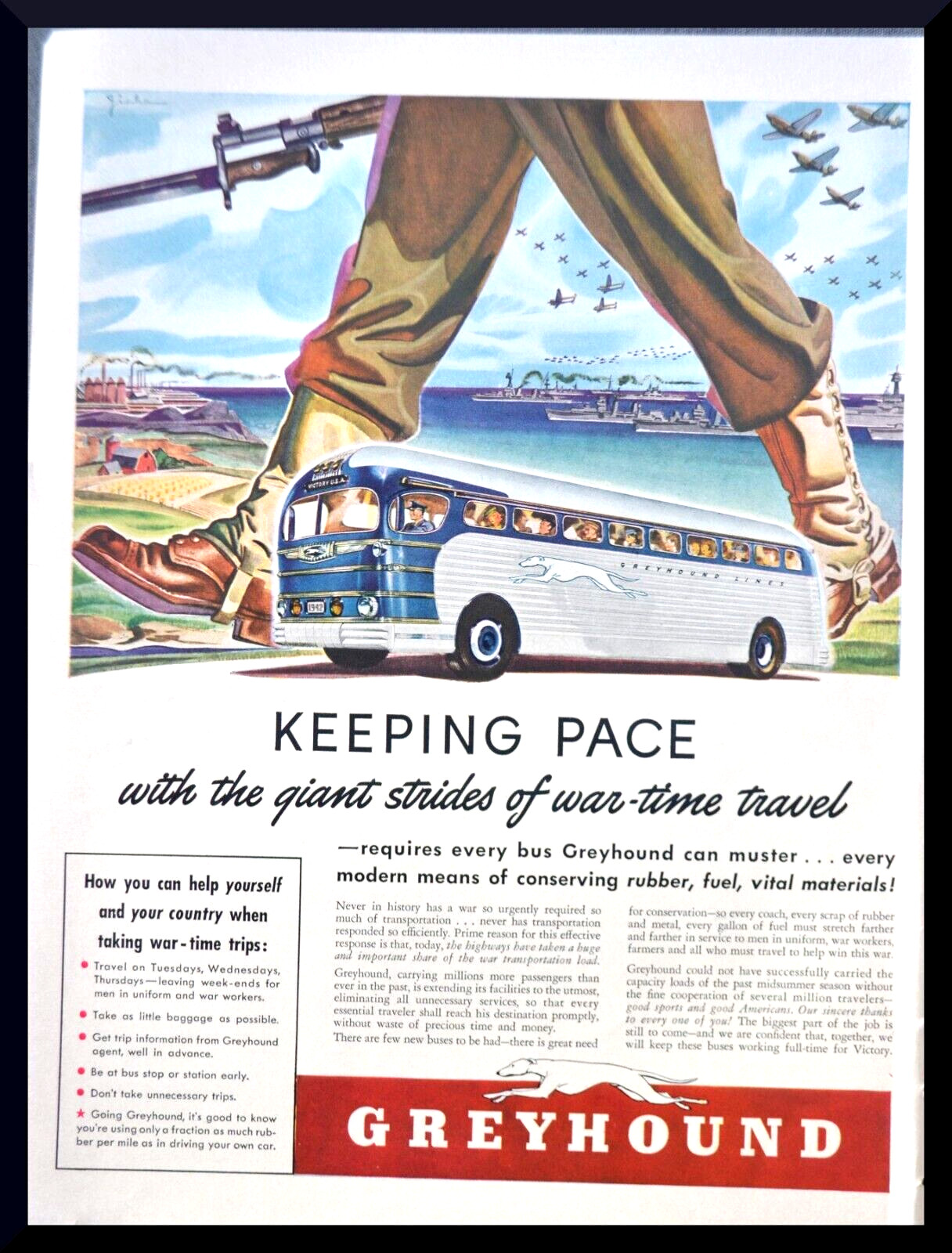 1942 Greyhound Bus PRINT AD US Army Navy Marine Uniforms Vintage Print Ad WWII
