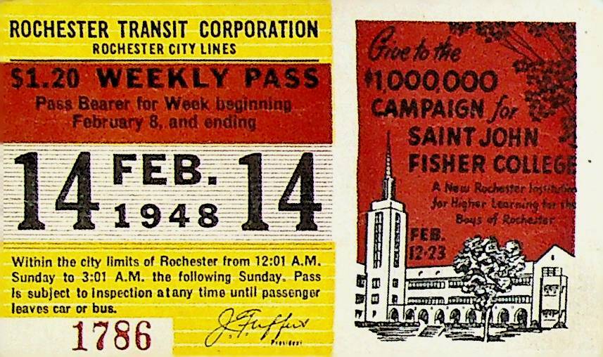 Rochester City Trolley & Bus Lines Pass February 14 1948 St John Fisher College