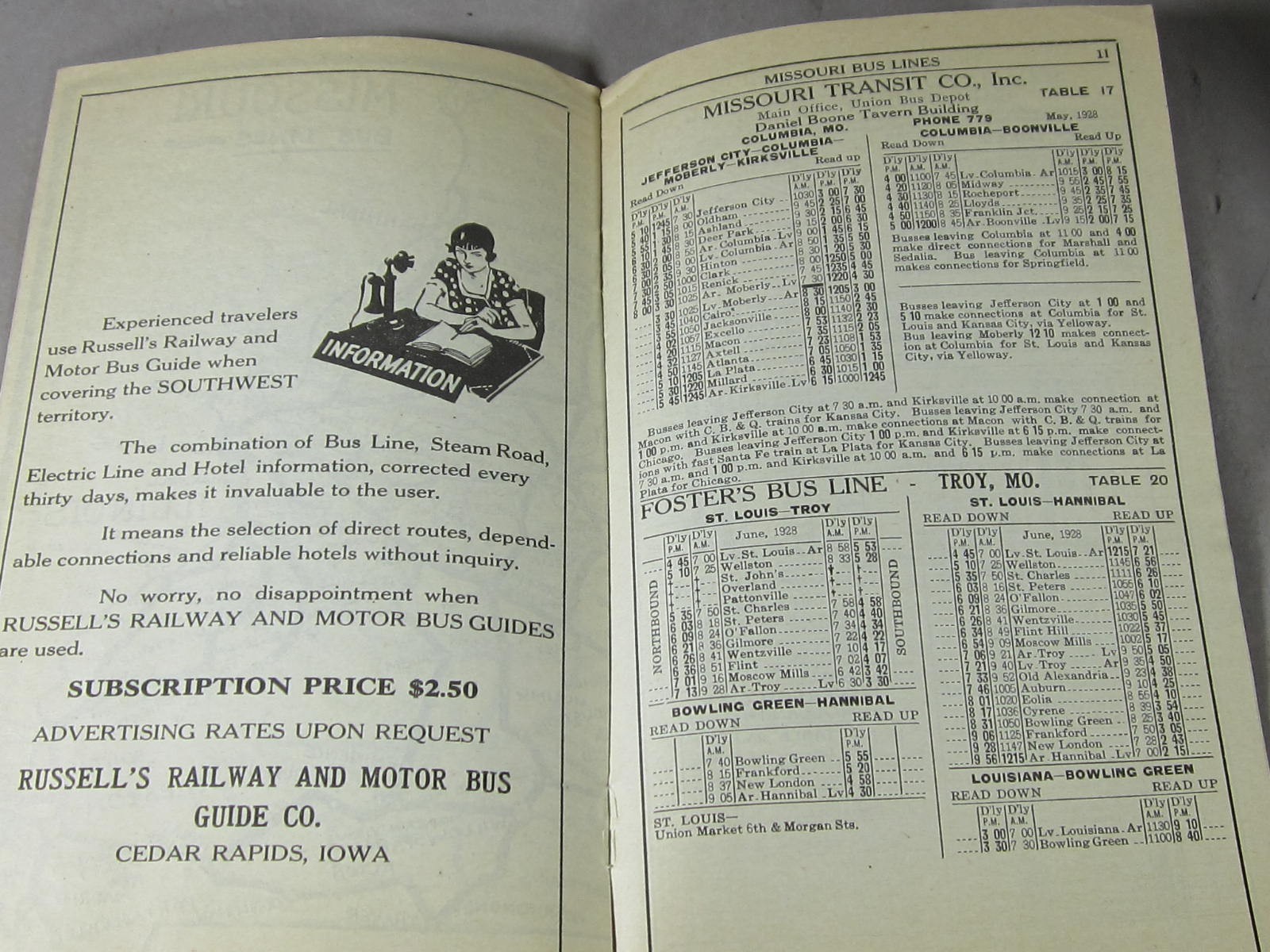 Russell’s Motor Coach / Bus Guide for Missouri 1928