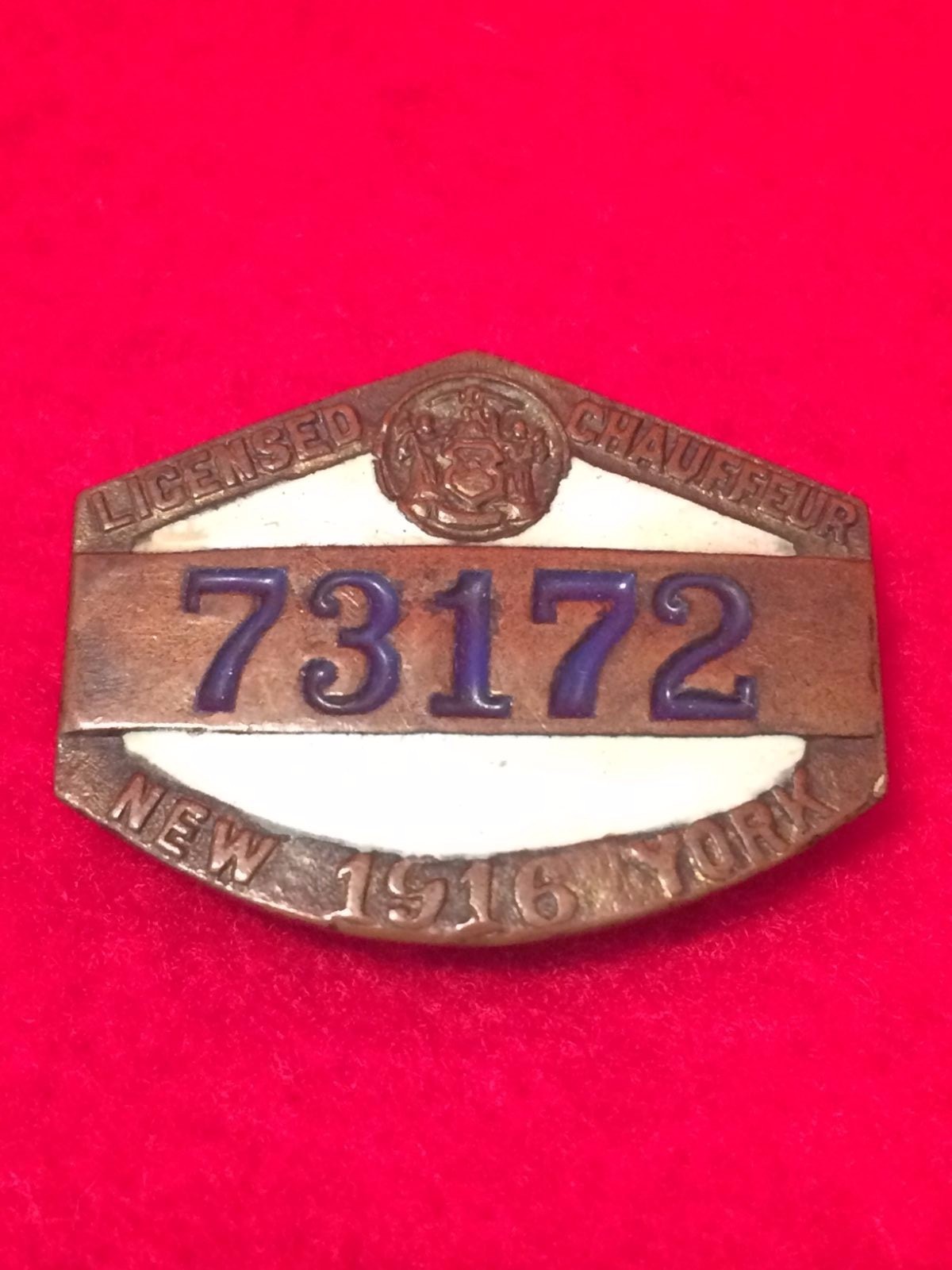 VINTAGE 1916 NEW YORK LICENSED CHAUFFEUR PIN BADGE # 73172 Enameled Brass