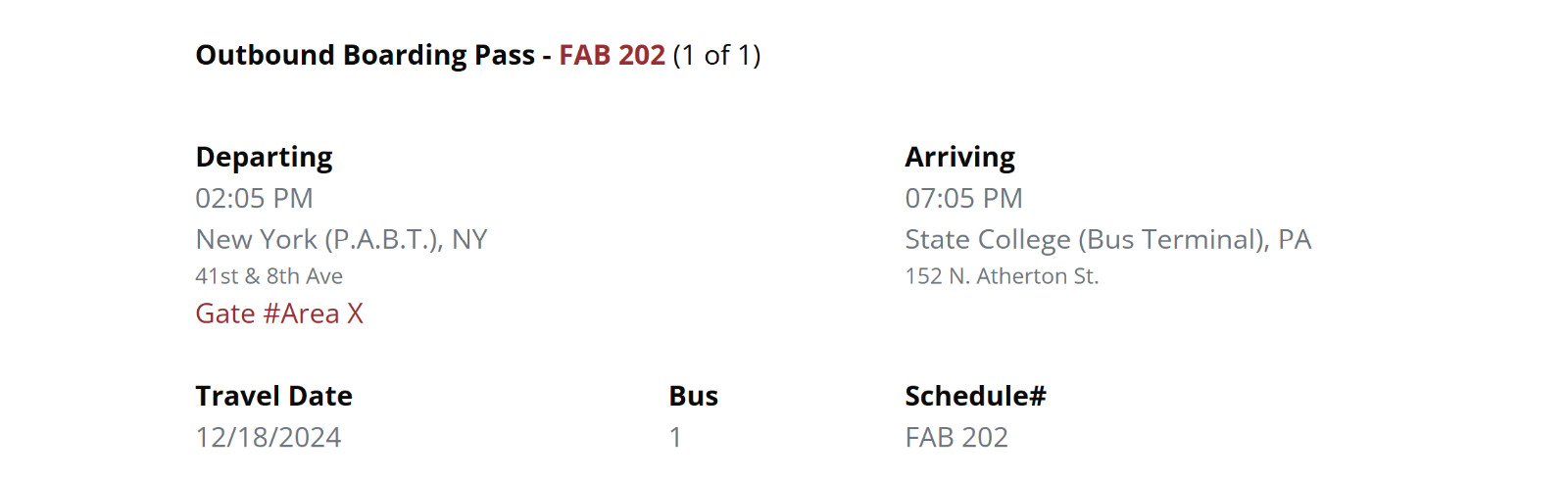 Trailway Bus Ticket from NYC to State College Round Trip from 12/18 – 12/21
