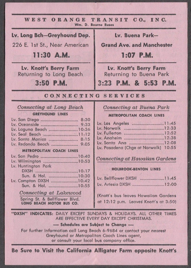 West Orange Transit Knott’s Berry Farm-Long Beach-Buena Park Schedule 1954