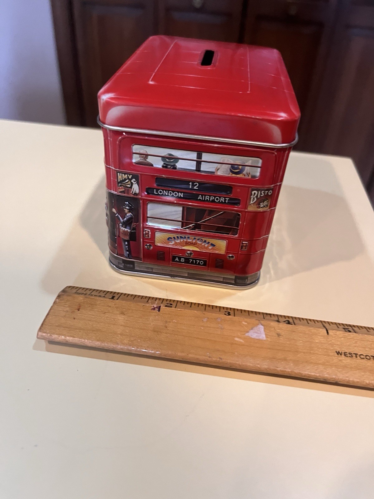 Churchill’s Confectionery London Transport Double Decker Red Bus Tin Container