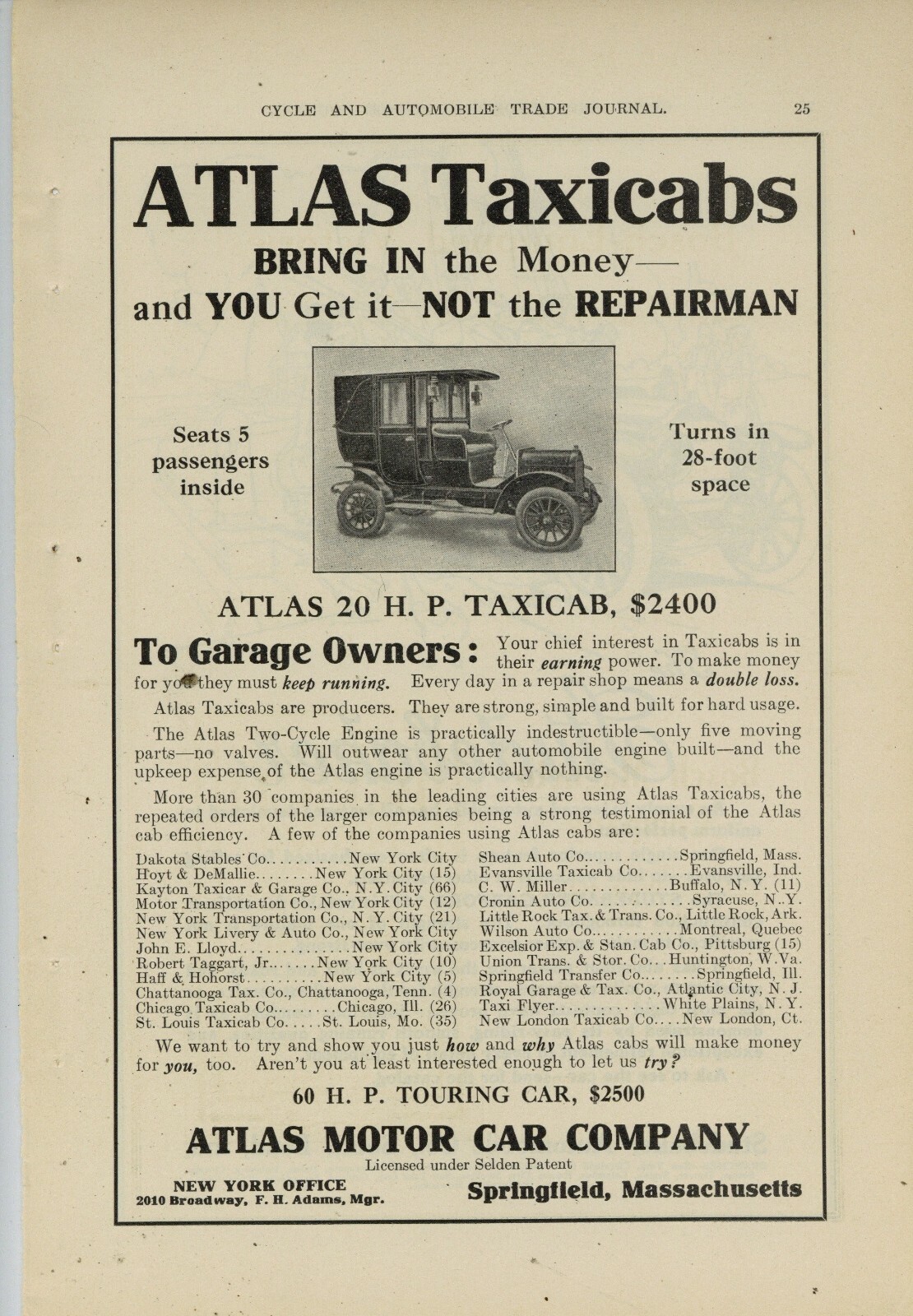 1910 Atlas Motor Car Ad: Taxicabs – Springfield, Massachusetts – REV Studebaker