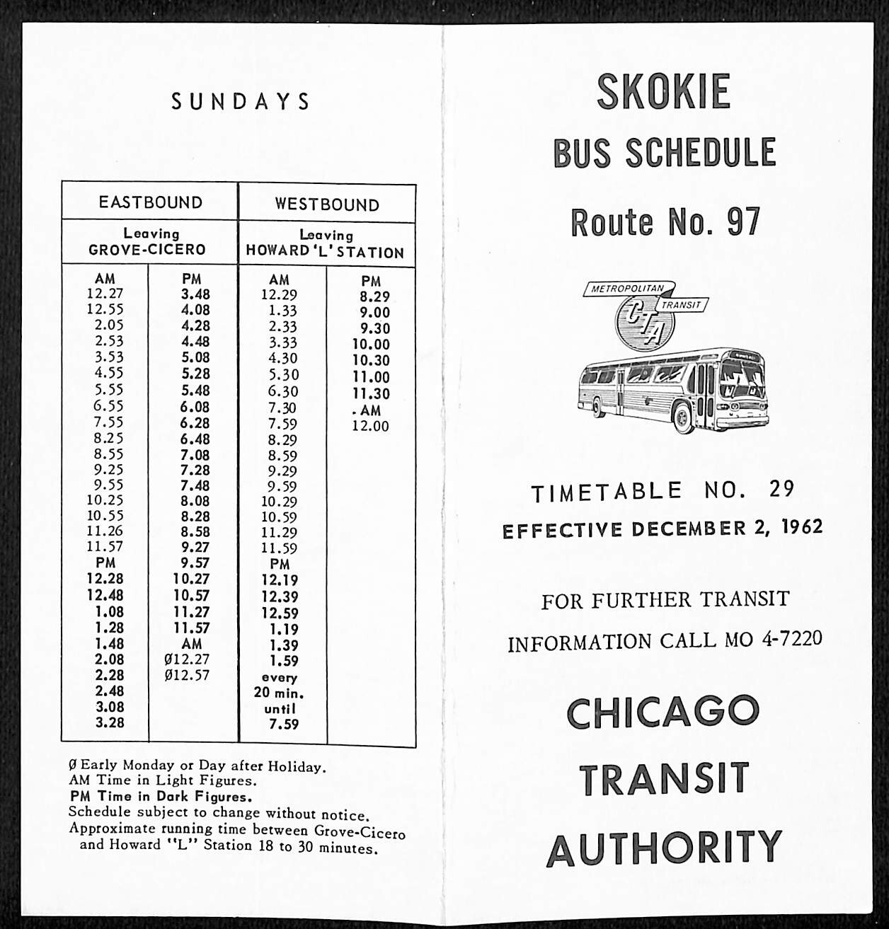 Chicago Transit Authority CTA Skokie Bus Schedule 1962 Route 97 NOS