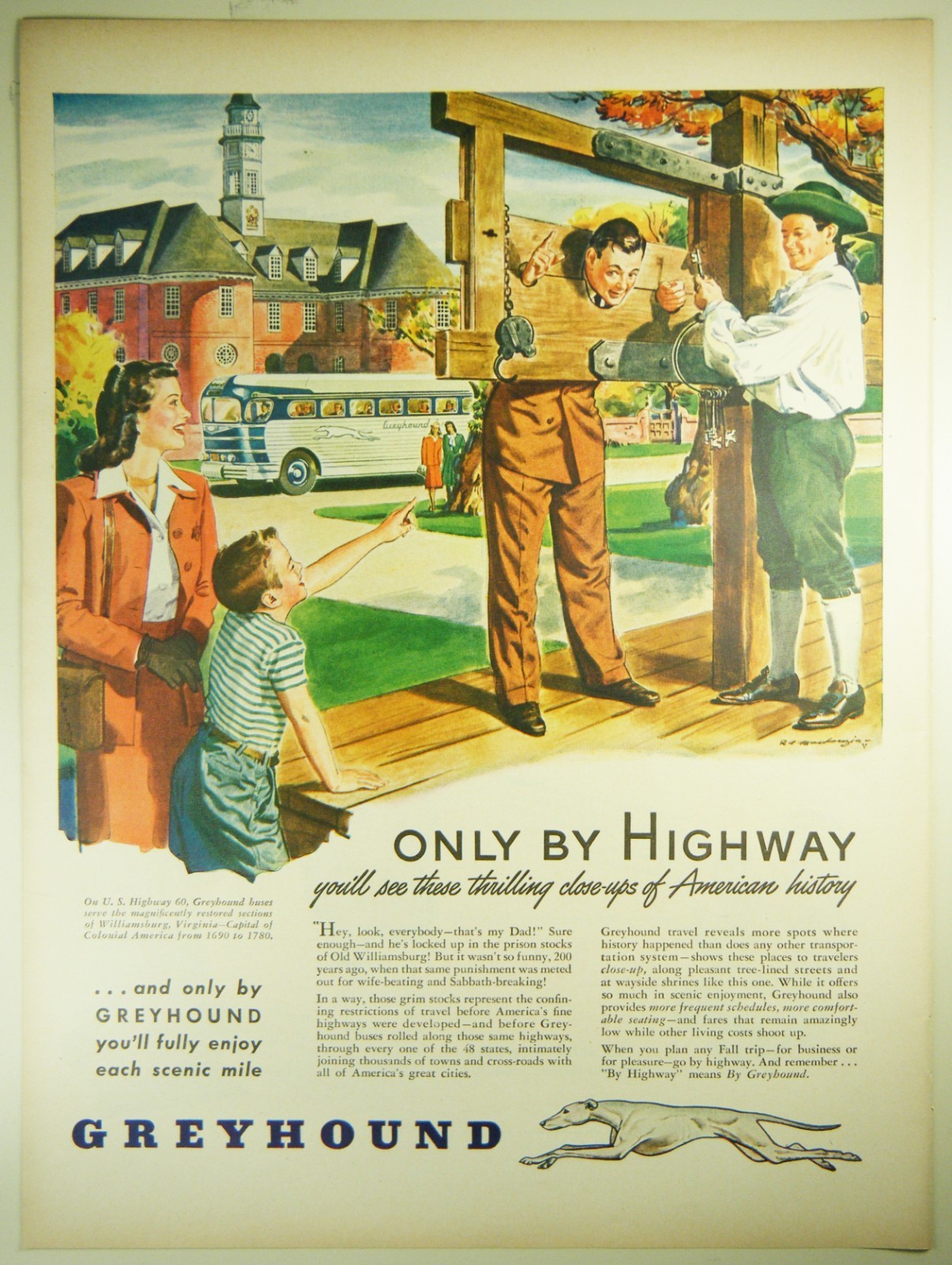 Vintage 1946 GREYHOUND BUS LINES Lg Full Pg Magazine Print Ad: WILLIAMSBURG, VA