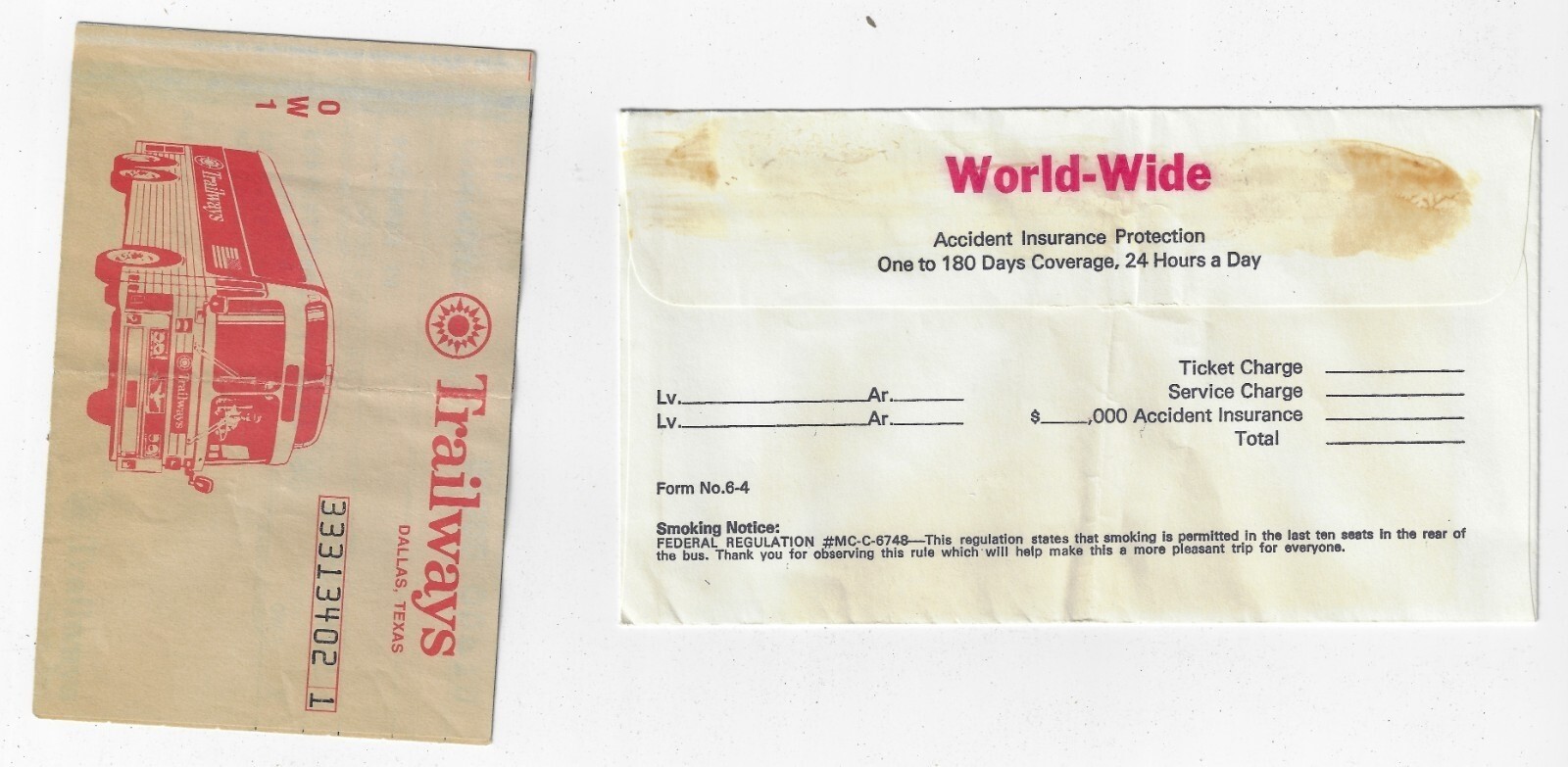 1980s Trailways Dallas Texas Envelope and Ticket Stub One Way