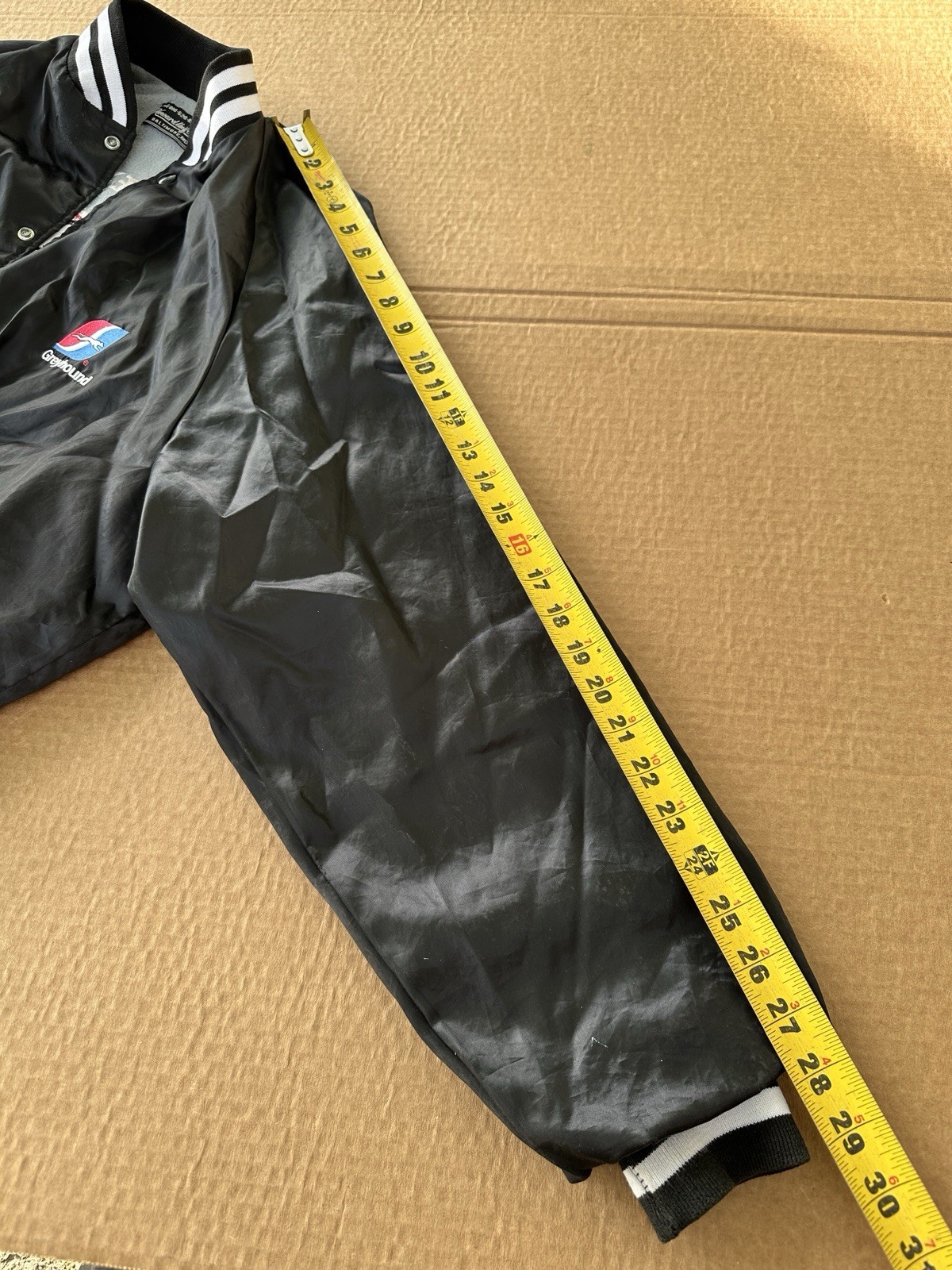 RARE Vintage Greyhound Satin Jacket Black Embroidered Coach Bus Graphic Size MED