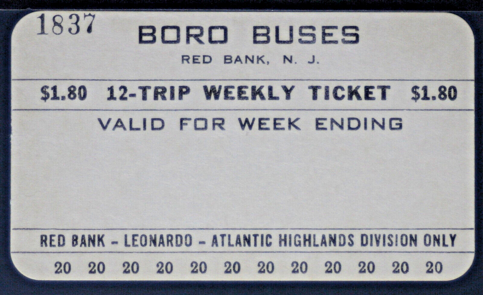 Boro Buses Pass – Red Bank NJ. 12 Trip $1.80 PASS293